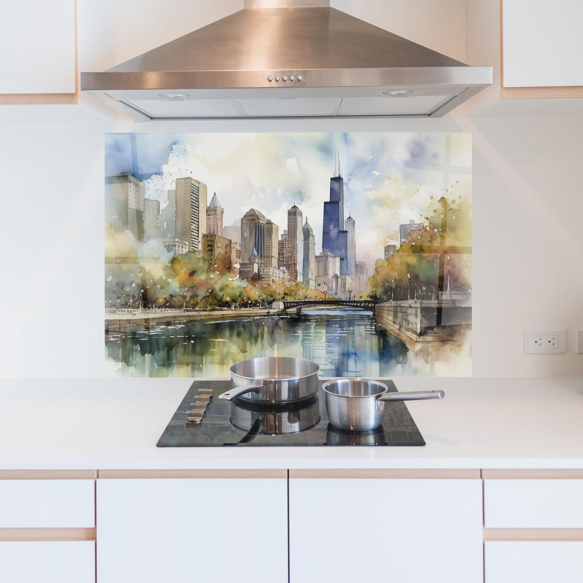 Küchenrückwand Glas City Skyline Painting mockup 5