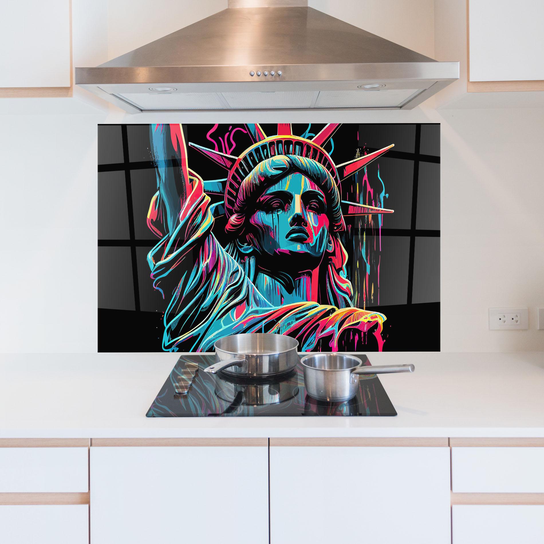 Küchenrückwand Glas Liberty Colorful Statue mockup 5