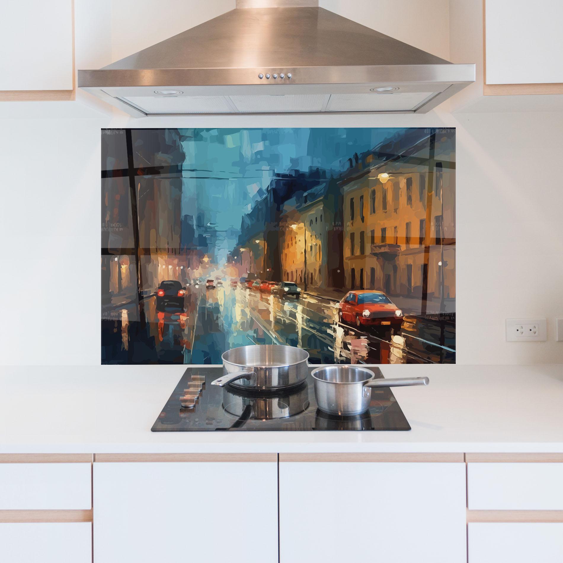 Küchenrückwand Glas Red Car City Night mockup 5