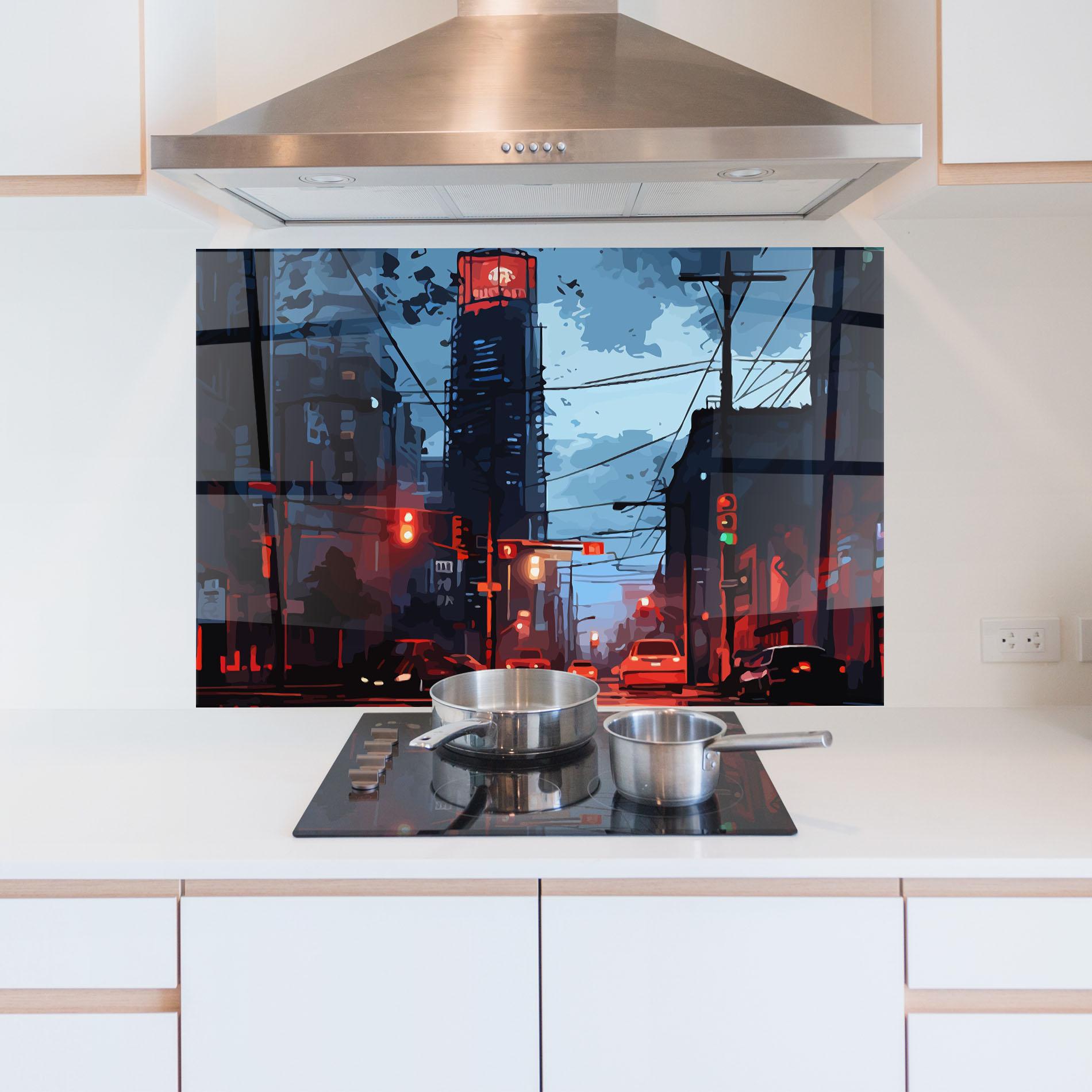 Küchenrückwand Glas Red City Light mockup 5