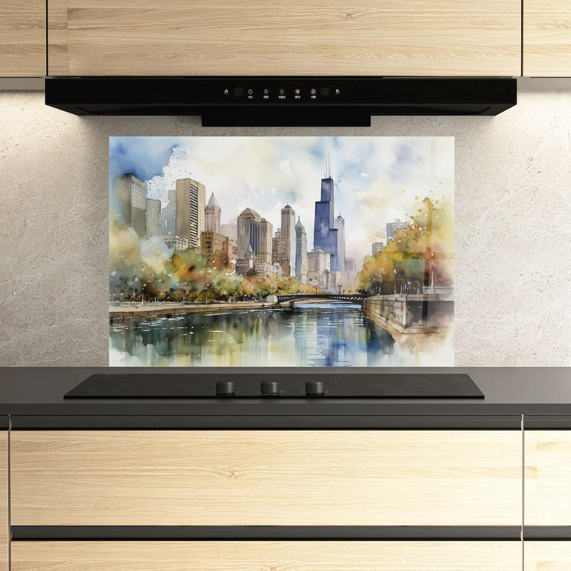 Küchenrückwand Glas City Skyline Painting mockup 3