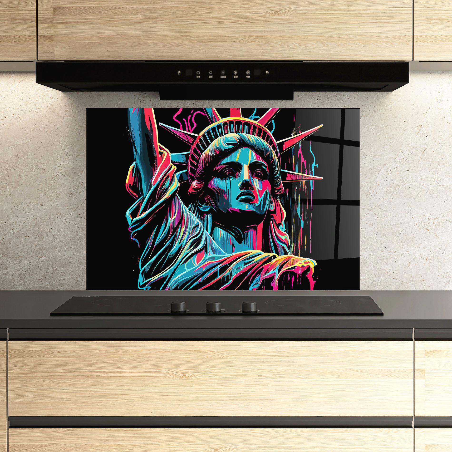 Küchenrückwand Glas Liberty Colorful Statue mockup 3