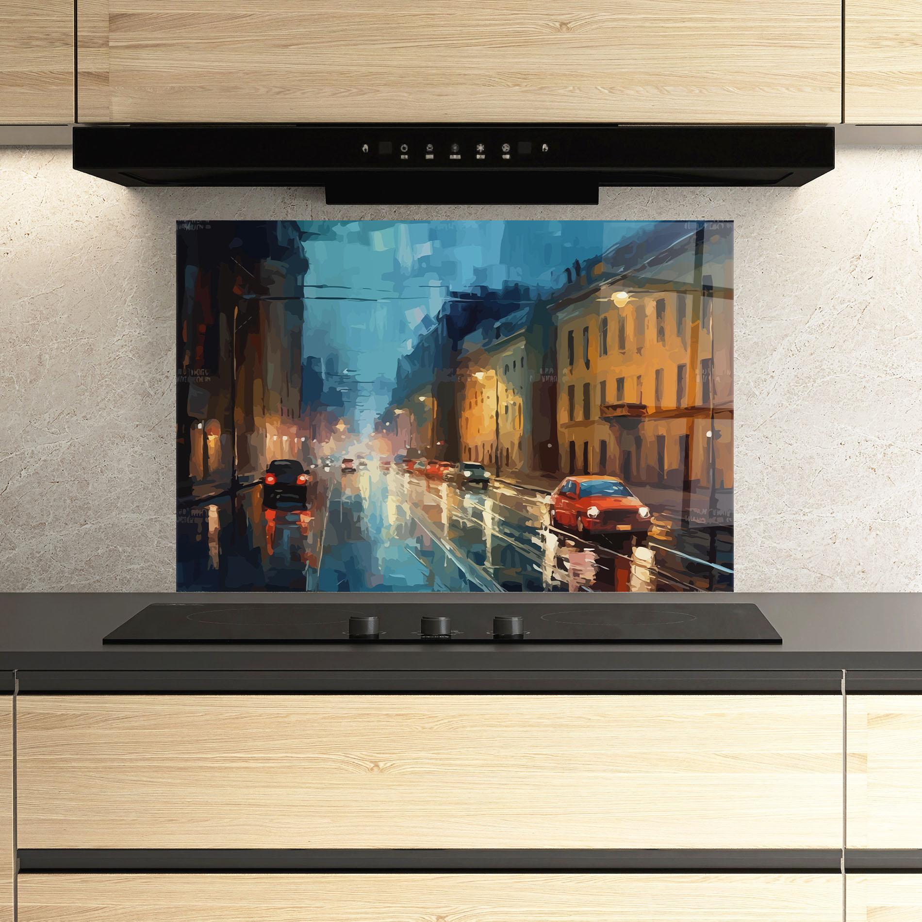 Küchenrückwand Glas Red Car City Night mockup 3