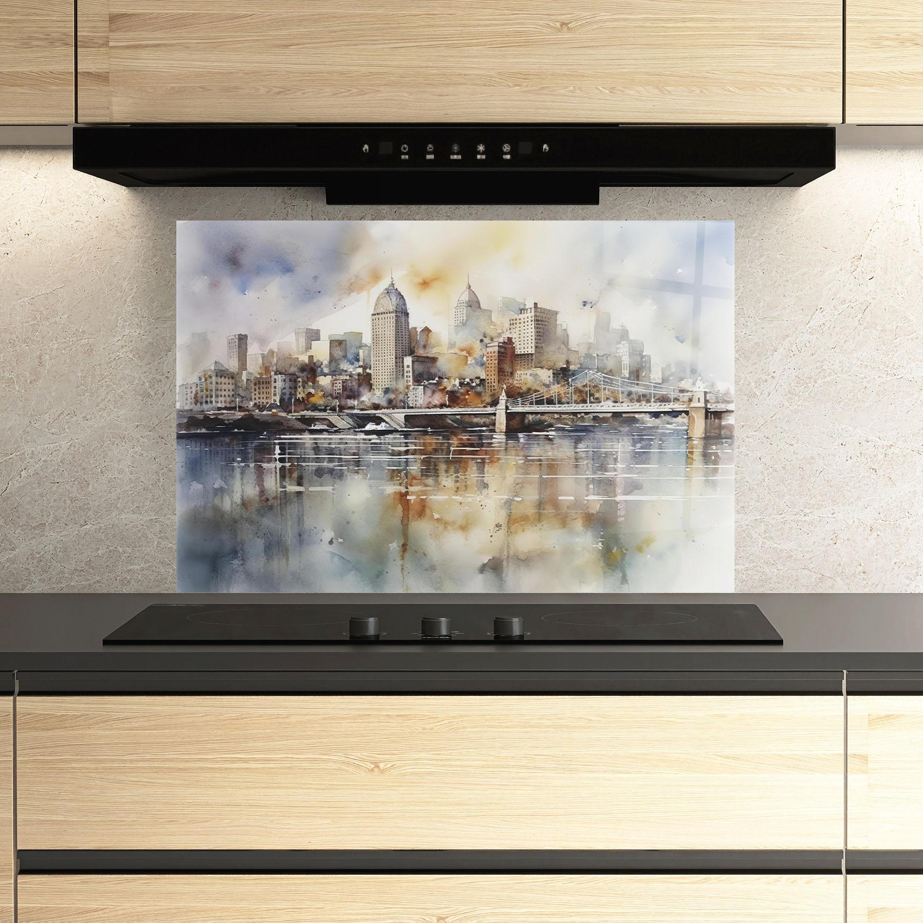 Küchenrückwand Glas Watercolor Skyline mockup 3