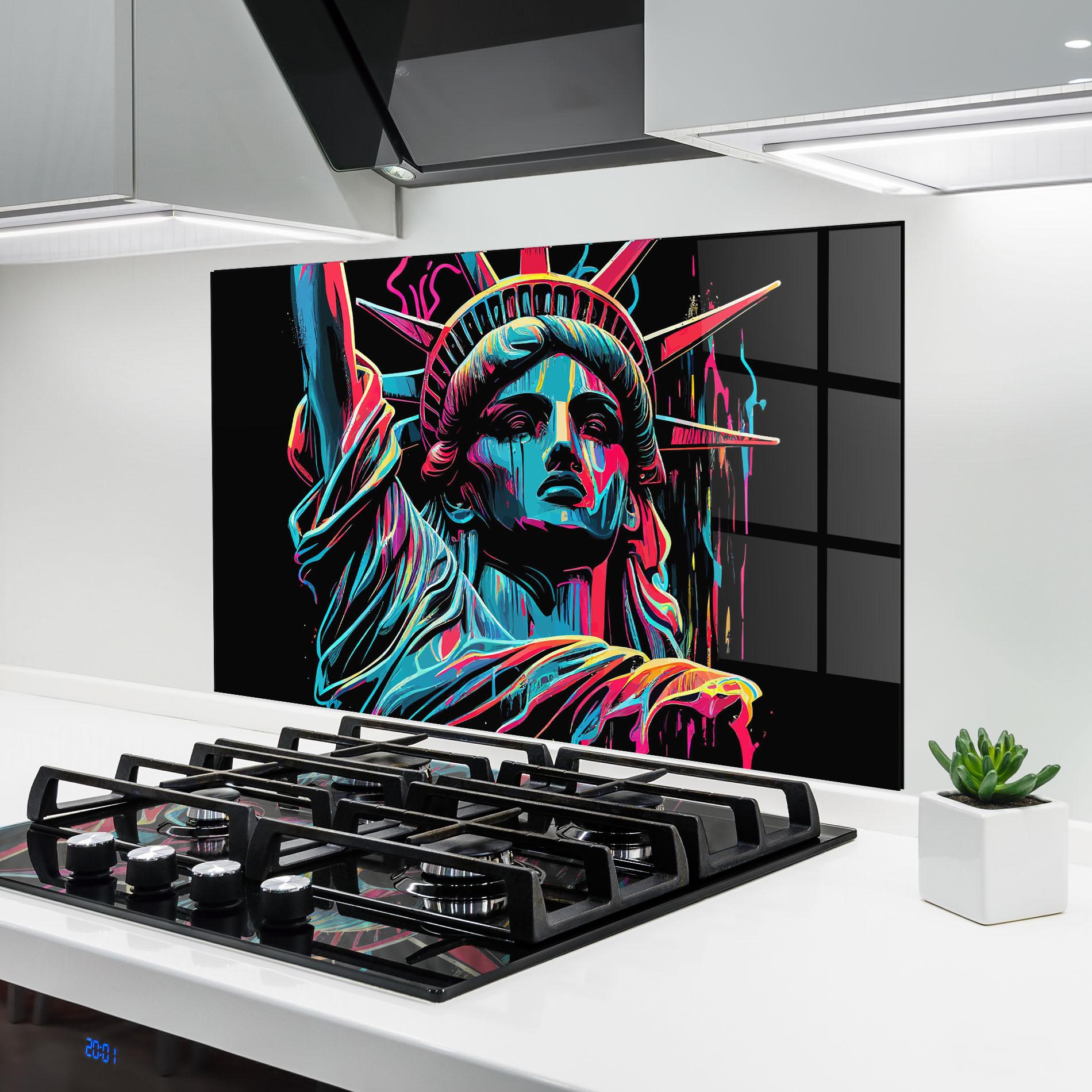 Küchenrückwand Glas Liberty Colorful Statue mockup 6