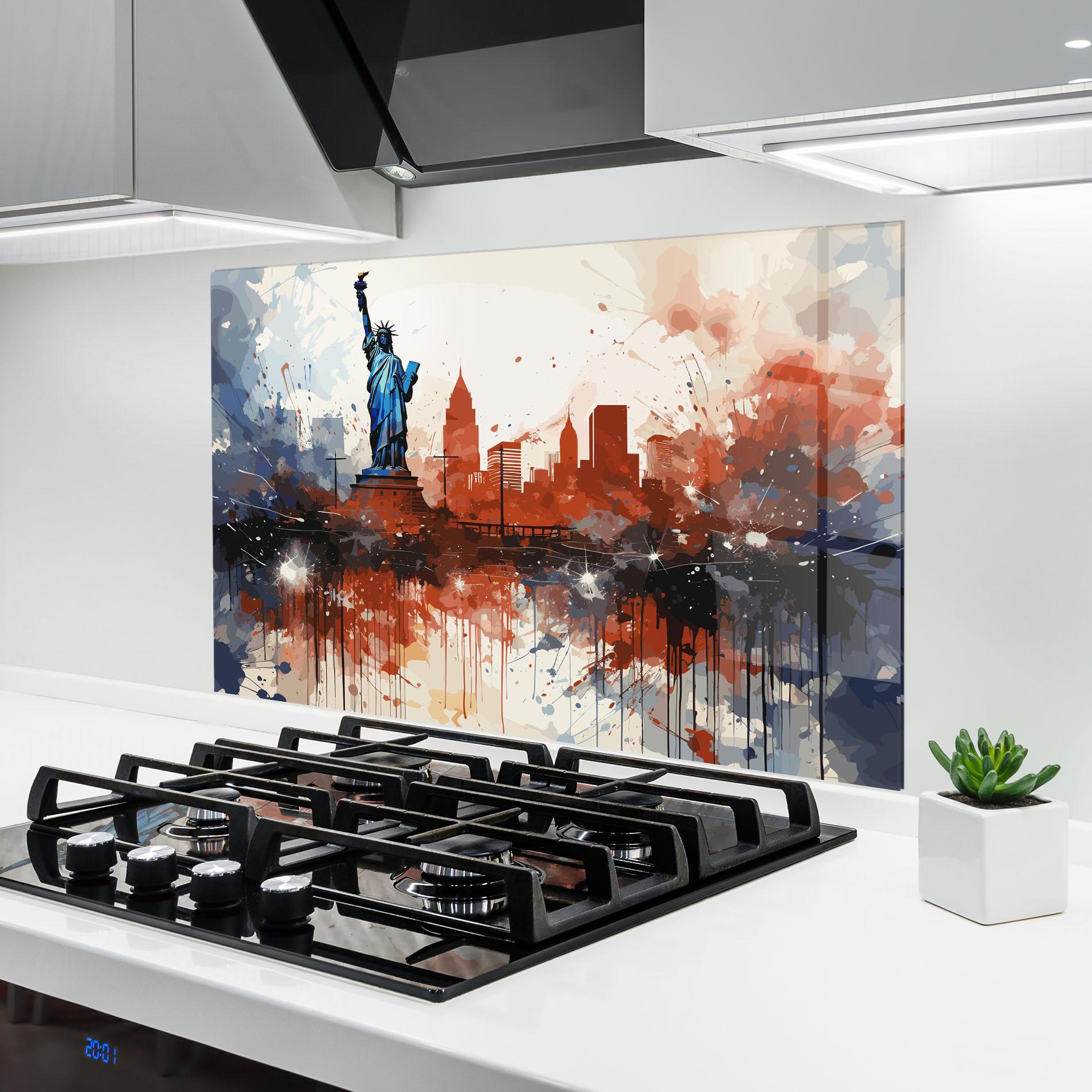 Küchenrückwand Glas Red Blue Liberty Statue mockup 6
