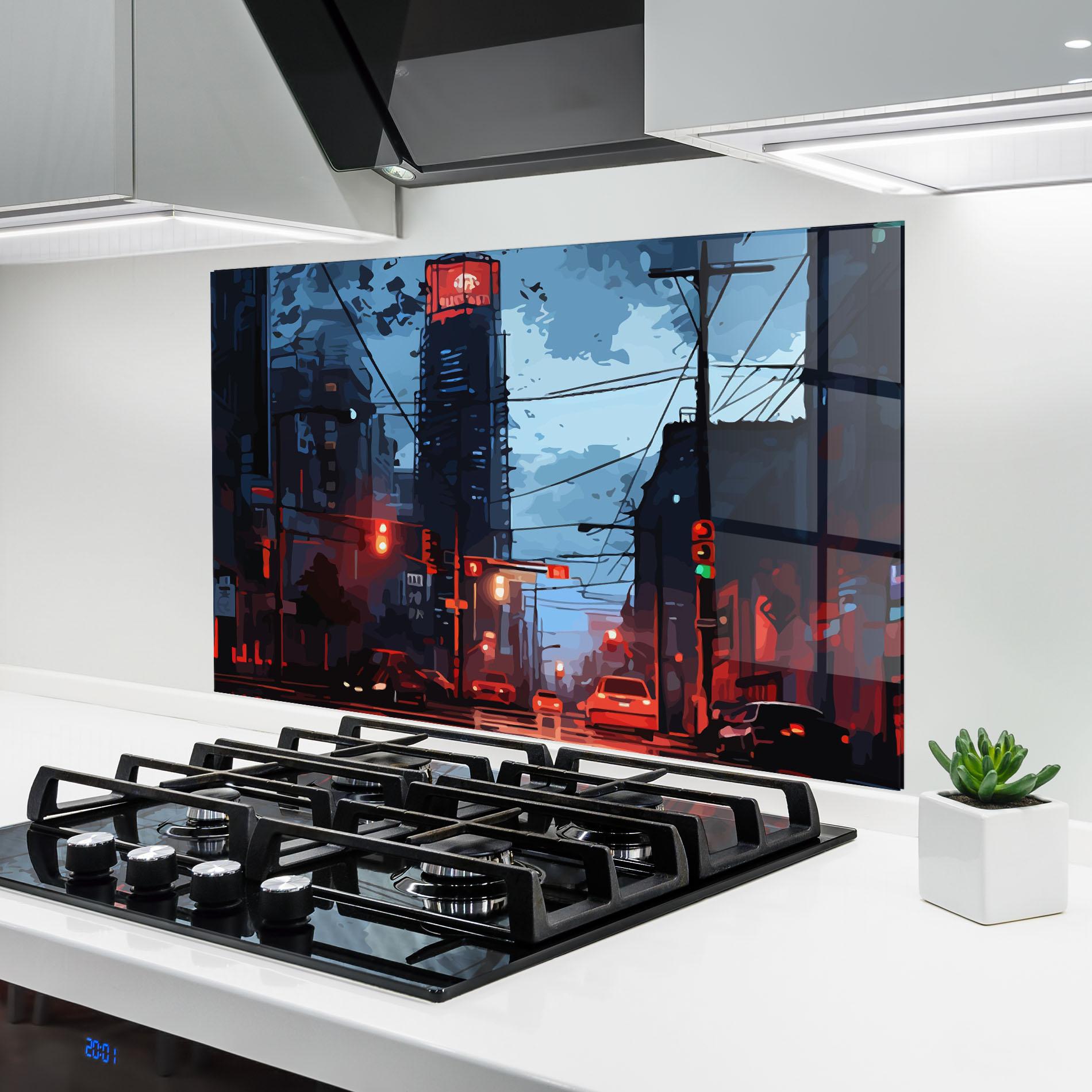 Küchenrückwand Glas Red City Light mockup 6