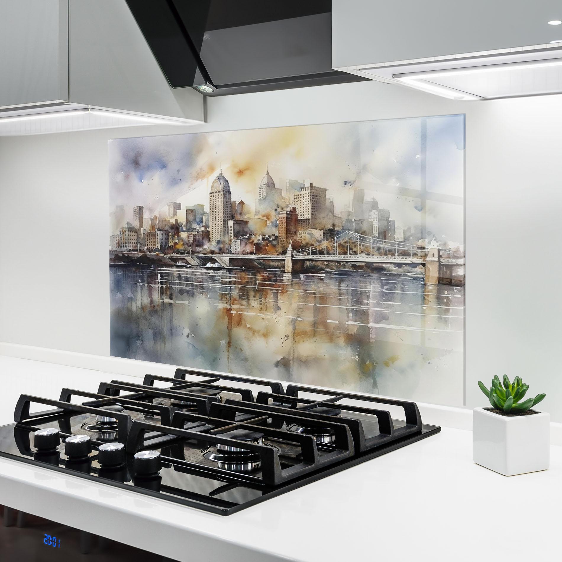 Küchenrückwand Glas Watercolor Skyline mockup 6