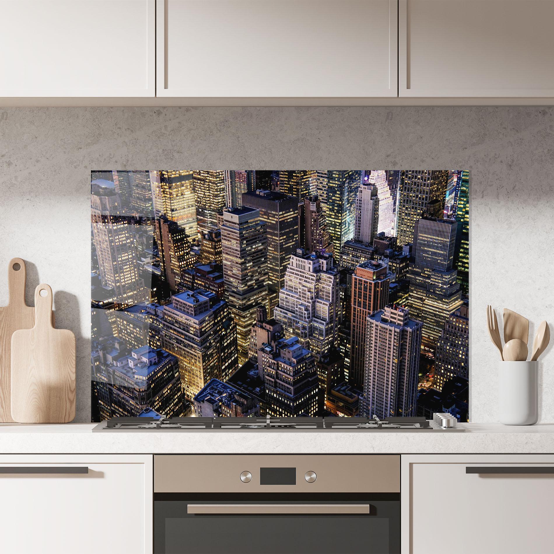 Küchenrückwand Glas Blue Gold Skylines mockup 7