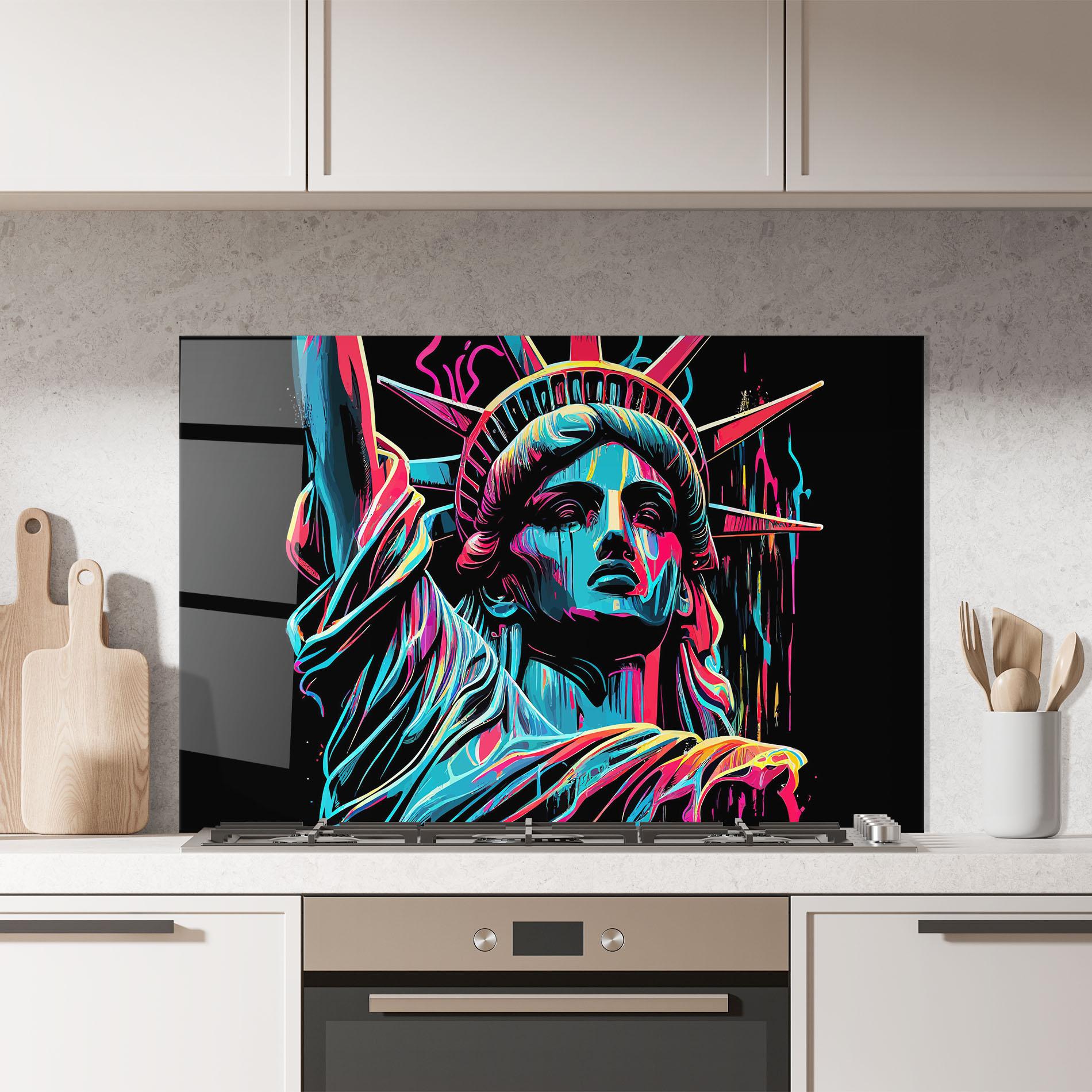 Küchenrückwand Glas Liberty Colorful Statue mockup 7