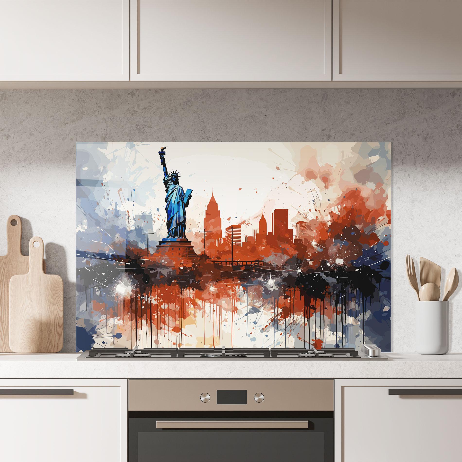 Küchenrückwand Glas Red Blue Liberty Statue mockup 7
