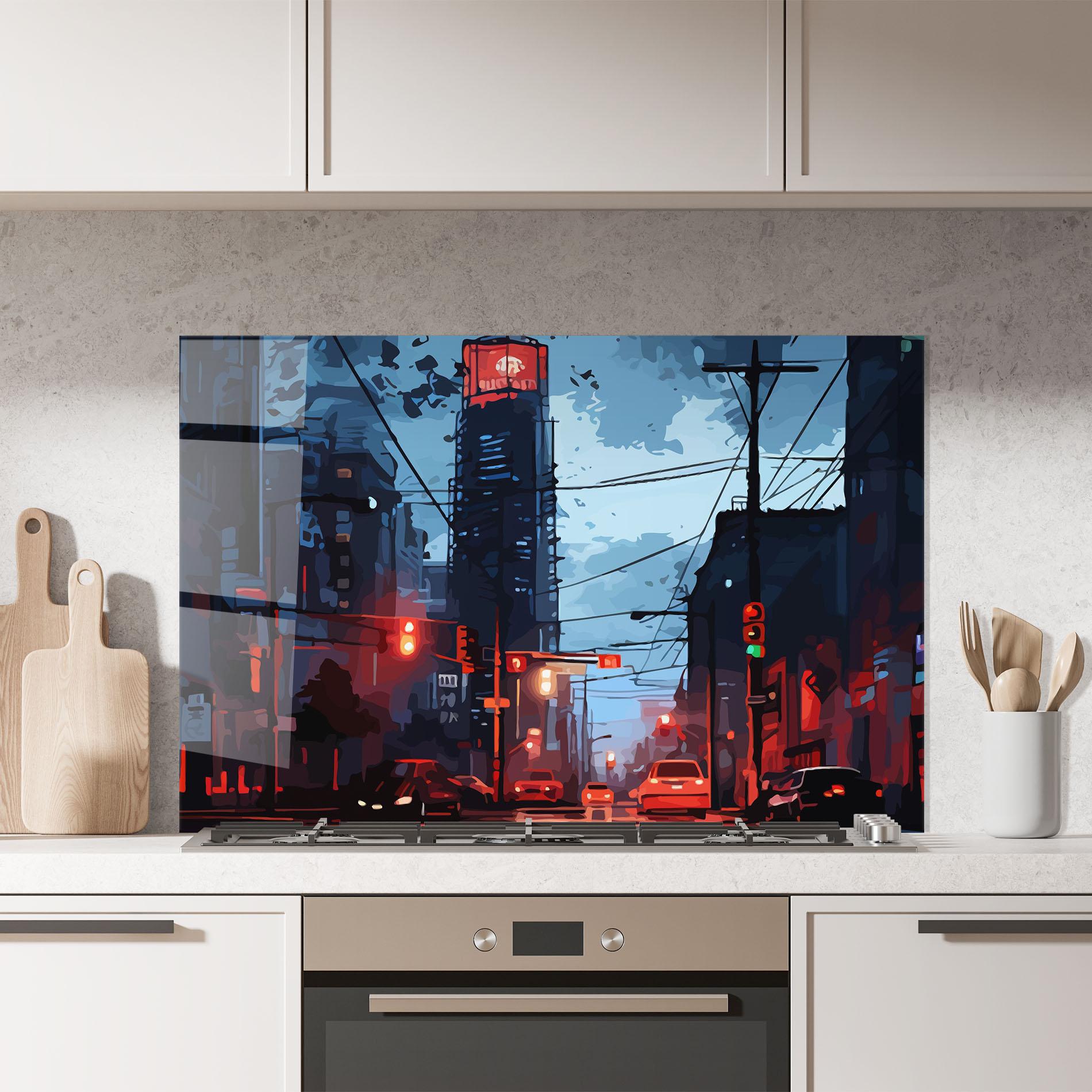 Küchenrückwand Glas Red City Light mockup 7