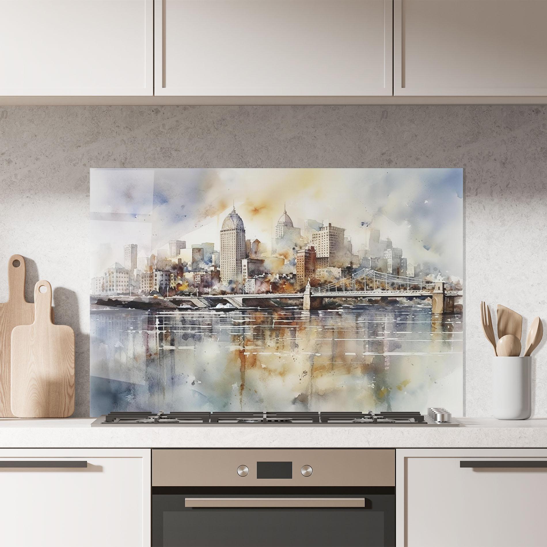 Küchenrückwand Glas Watercolor Skyline mockup 7
