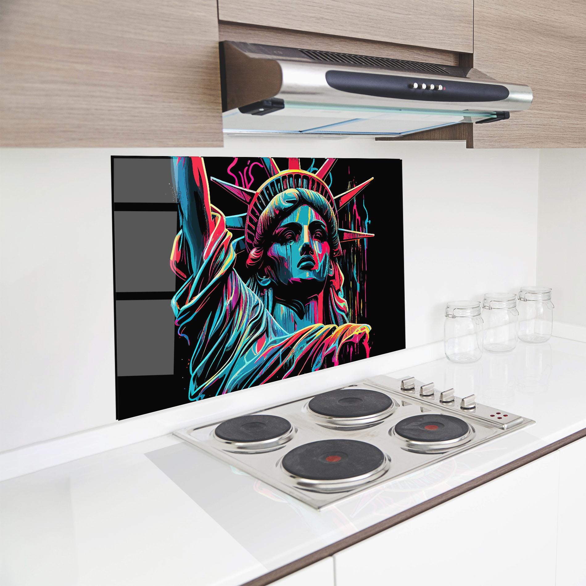 Küchenrückwand Glas Liberty Colorful Statue mockup 8