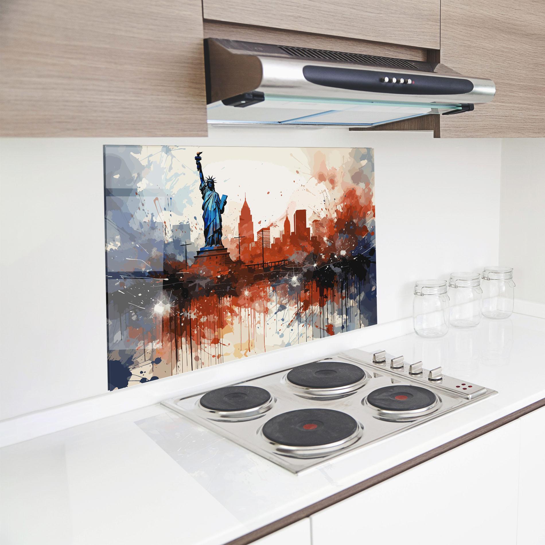 Küchenrückwand Glas Red Blue Liberty Statue mockup 8