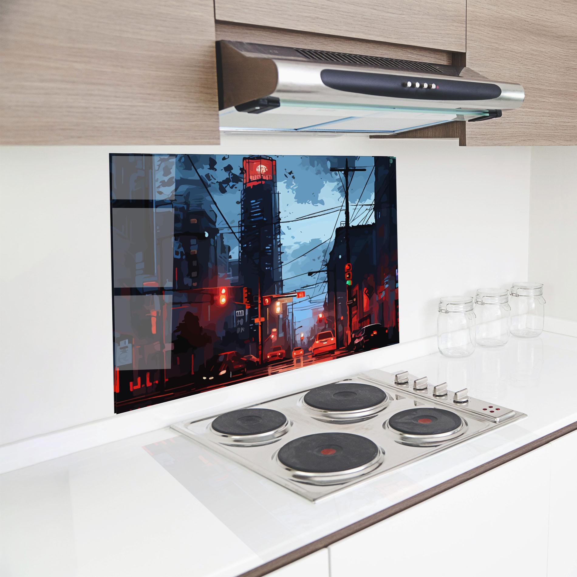 Küchenrückwand Glas Red City Light mockup 8