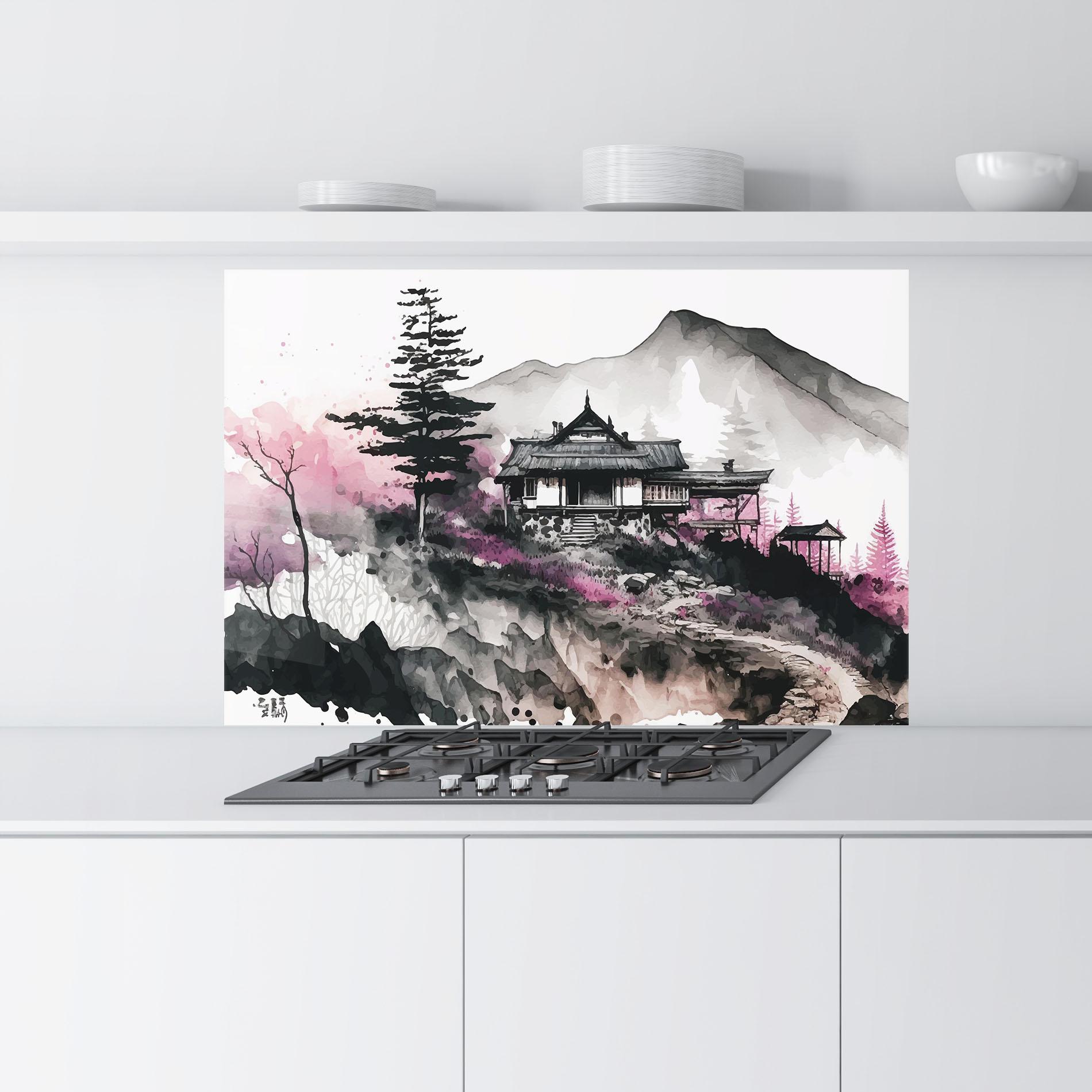 Küchenrückwand Glas Japanese Temple Art mockup 9