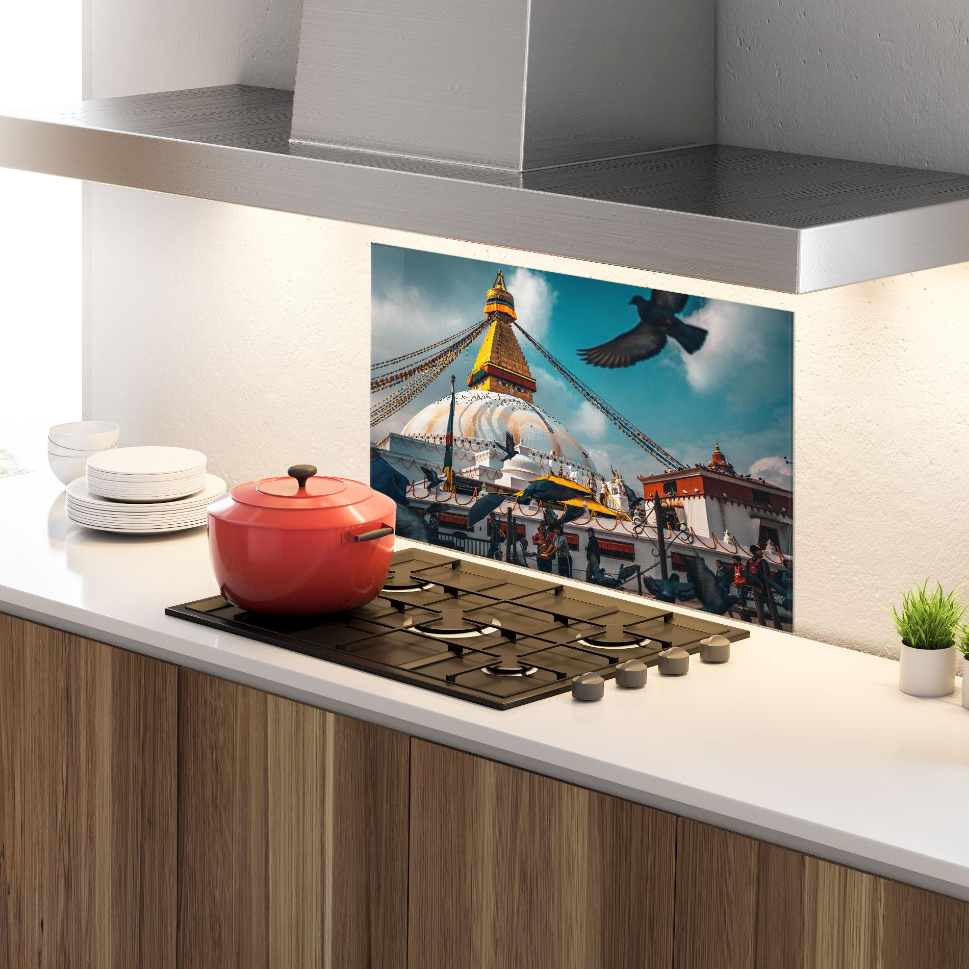 Küchenrückwand Glas Buddha Stupa mockup 4