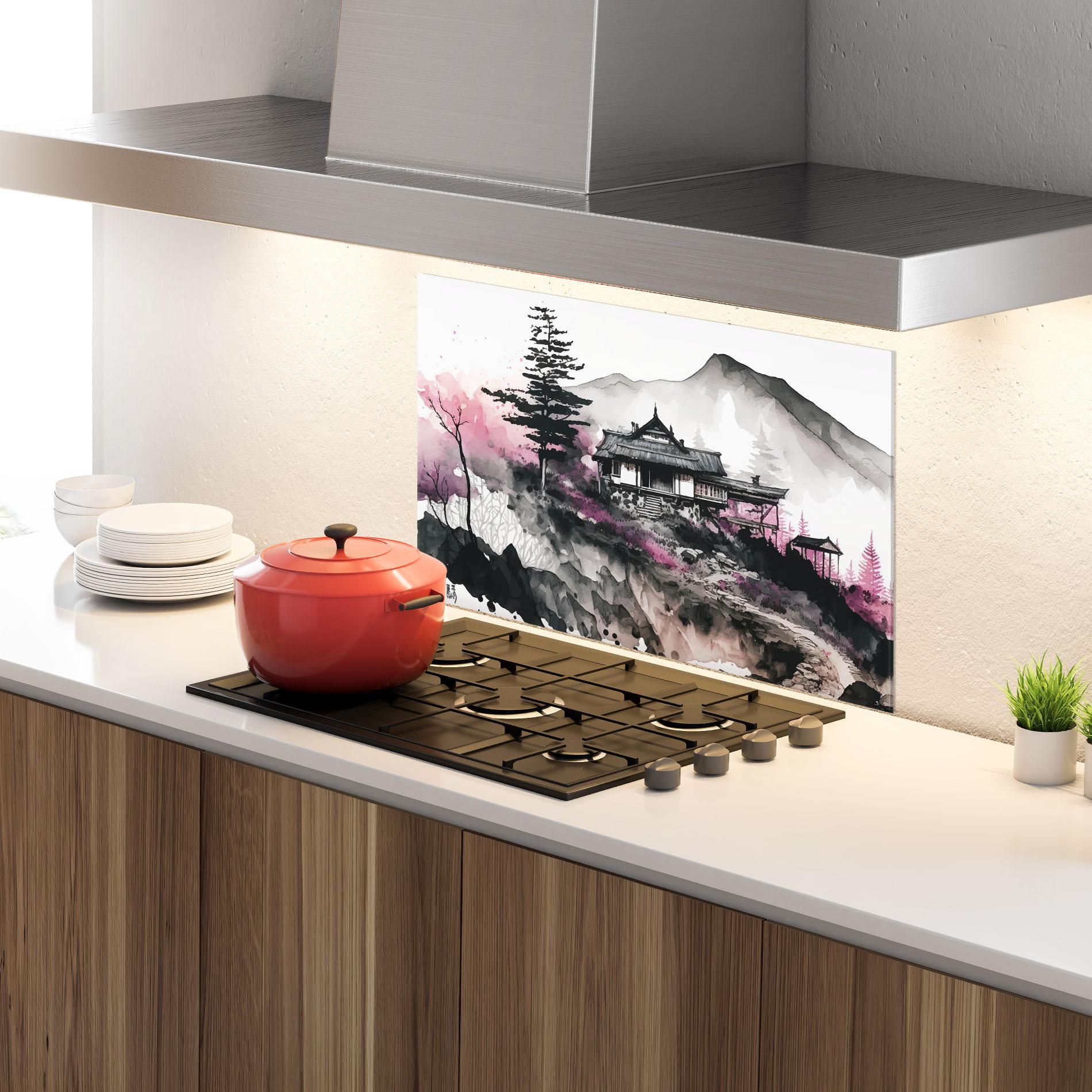 Küchenrückwand Glas Japanese Temple Art mockup 4