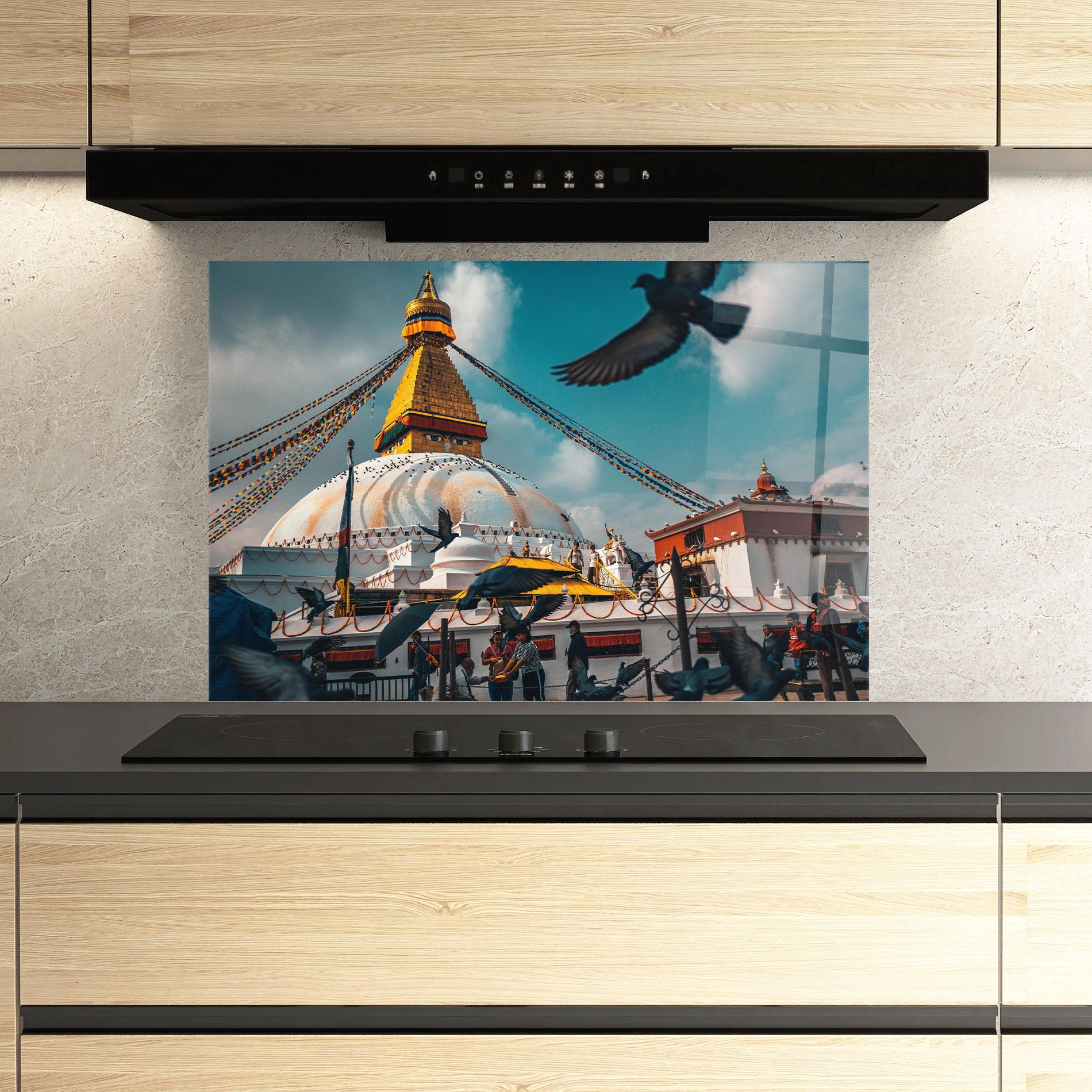 Küchenrückwand Glas Buddha Stupa mockup 3