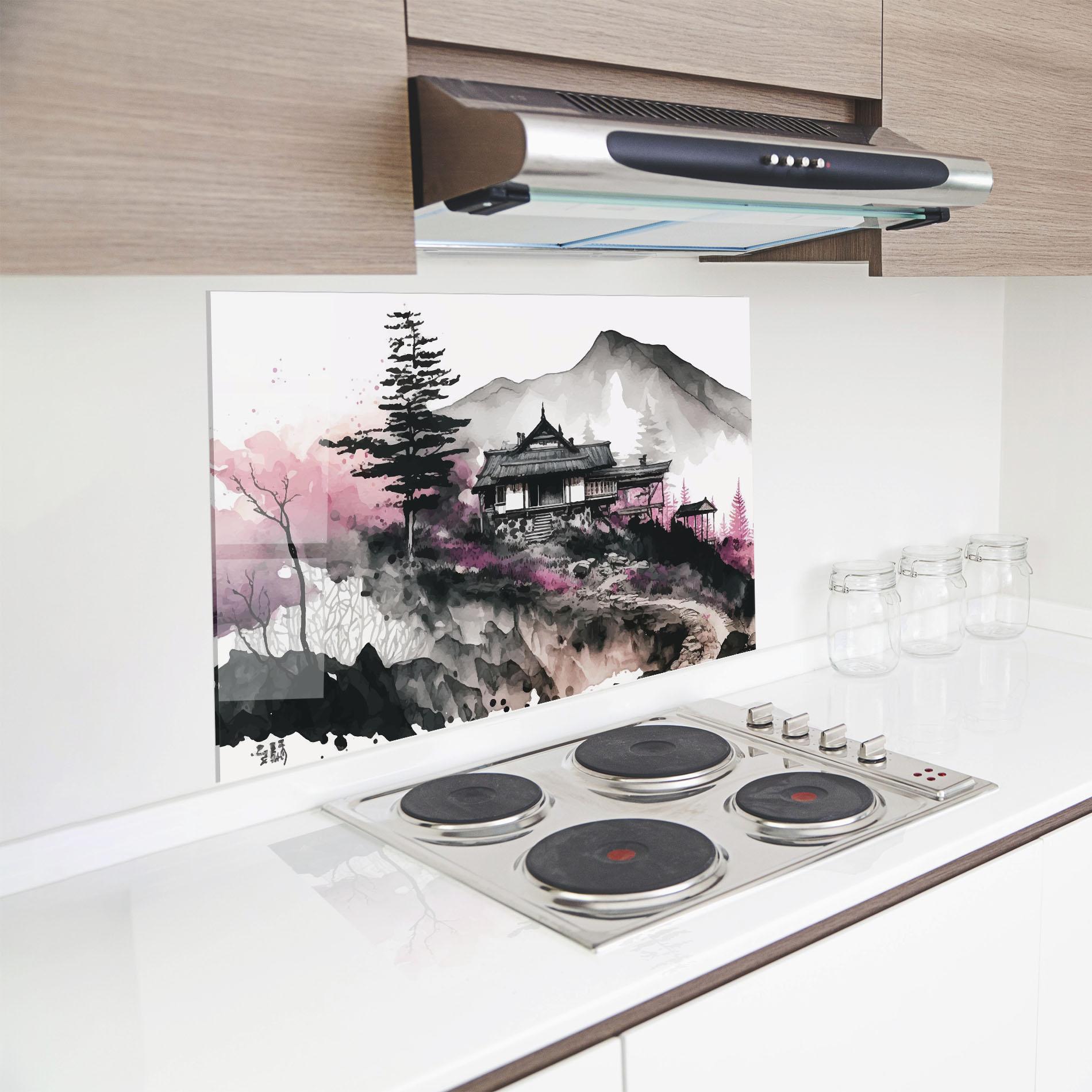 Küchenrückwand Glas Japanese Temple Art mockup 8