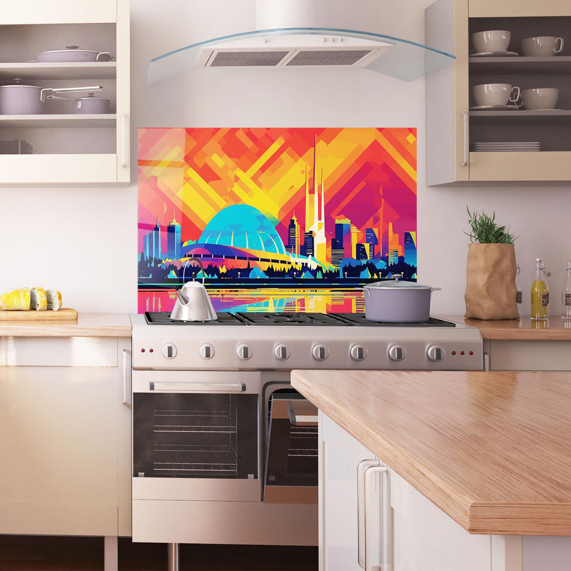 Küchenrückwand Glas Blue Olympic Stadium mockup 1