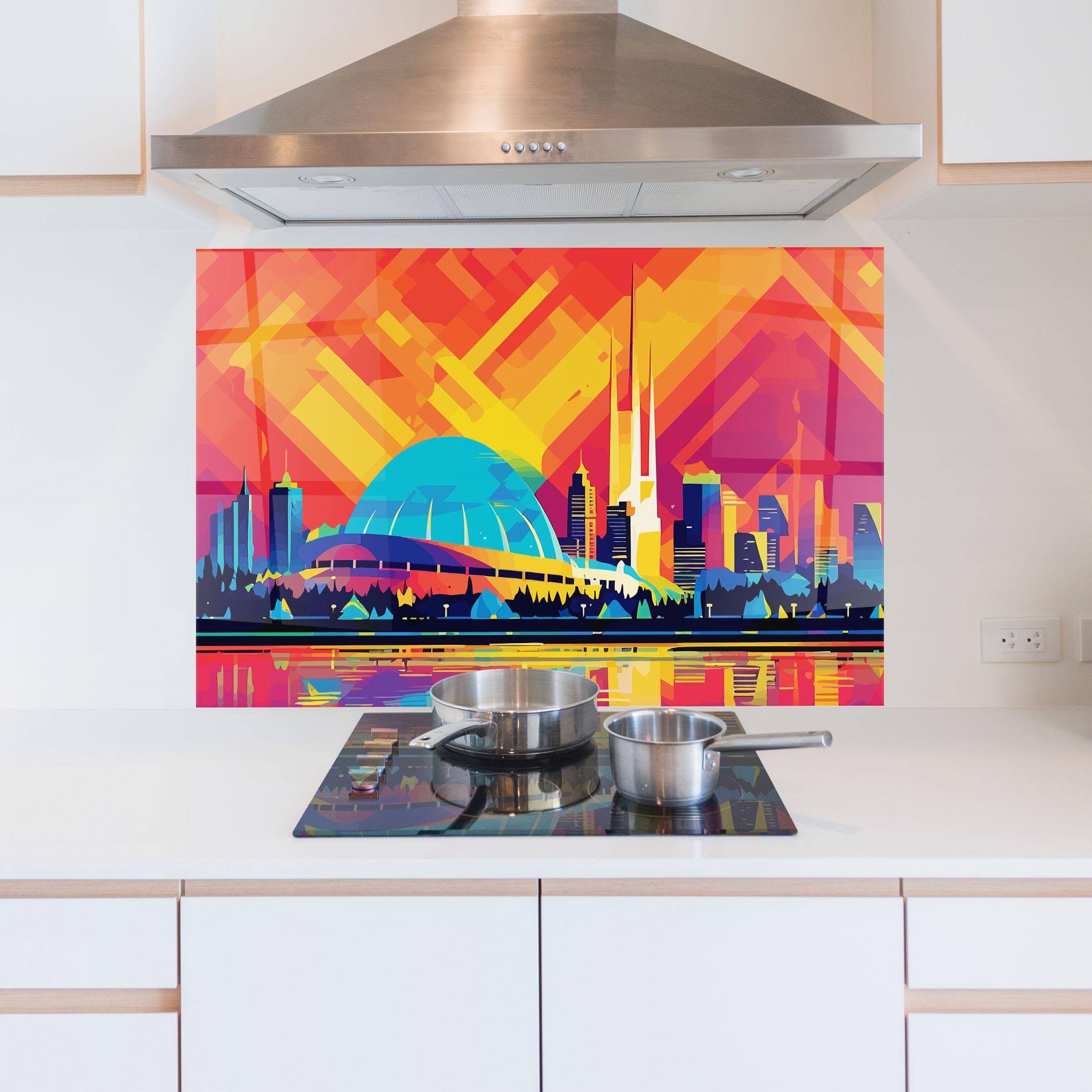Küchenrückwand Glas Blue Olympic Stadium mockup 5