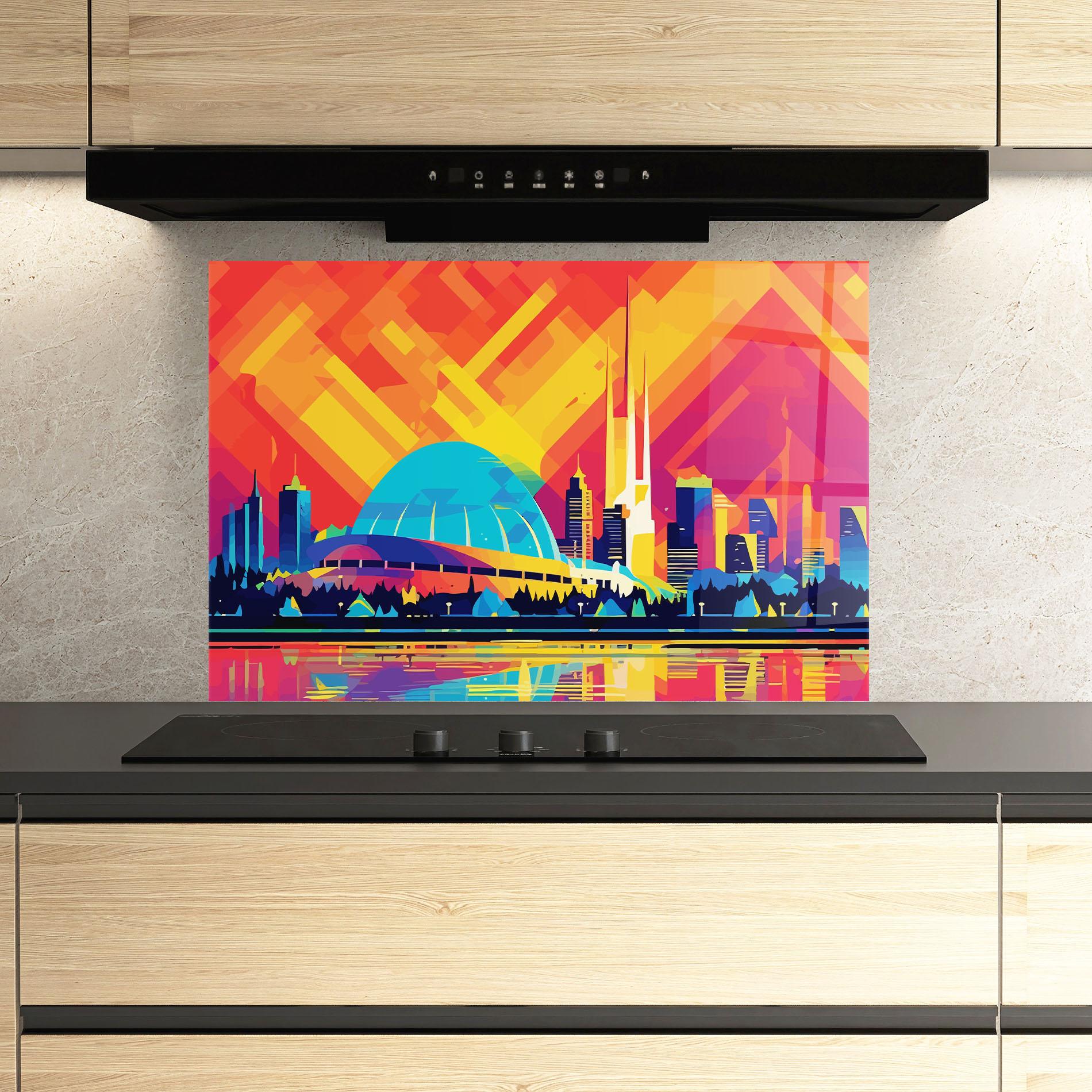 Küchenrückwand Glas Blue Olympic Stadium mockup 3