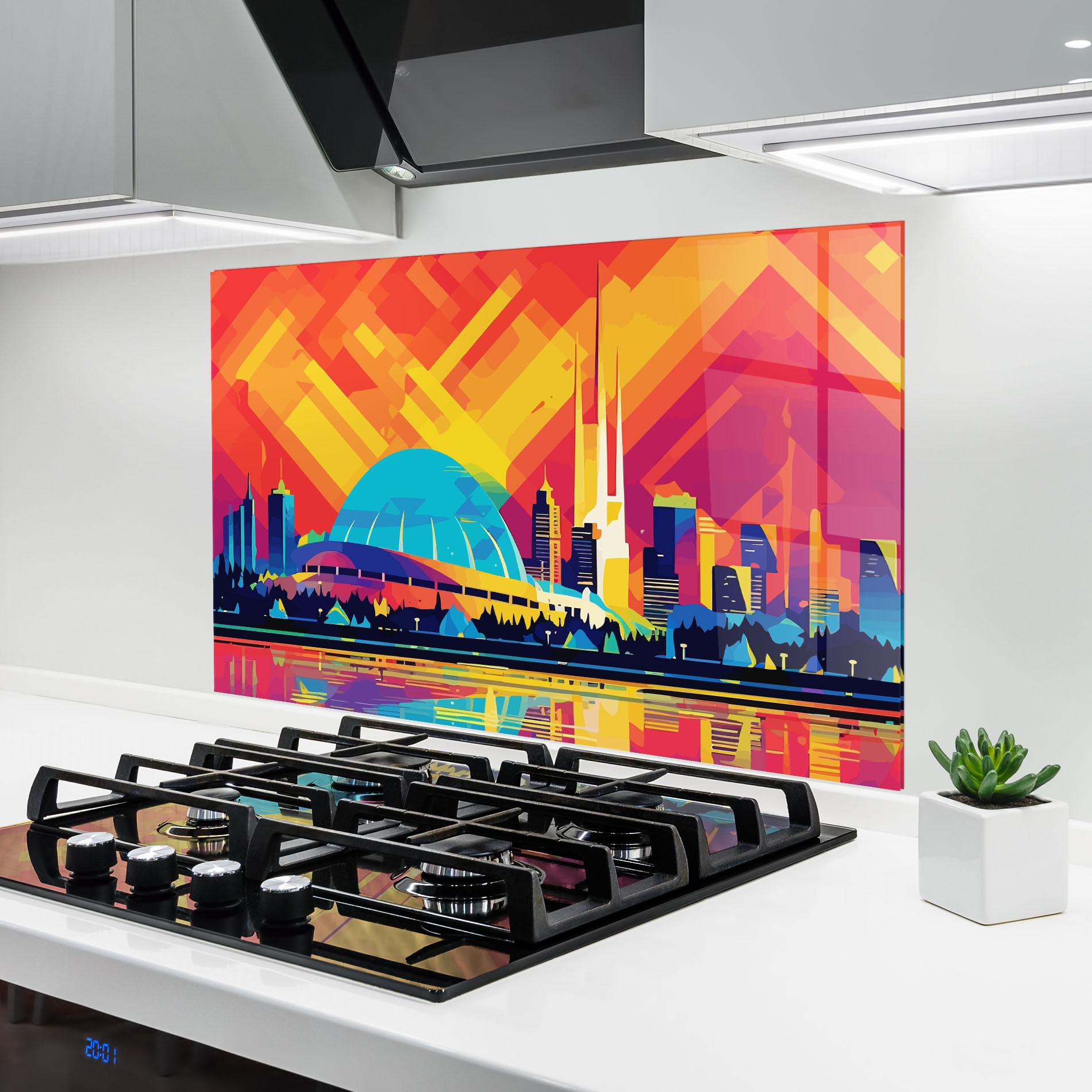 Küchenrückwand Glas Blue Olympic Stadium mockup 6