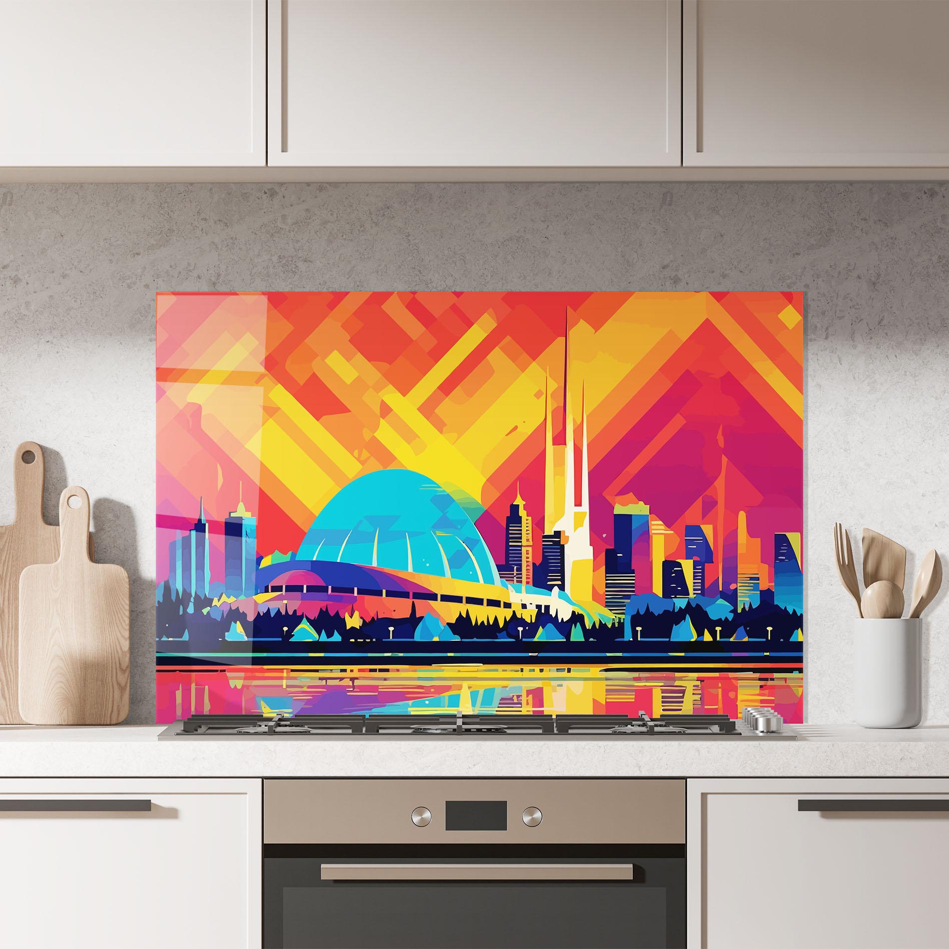 Küchenrückwand Glas Blue Olympic Stadium mockup 7