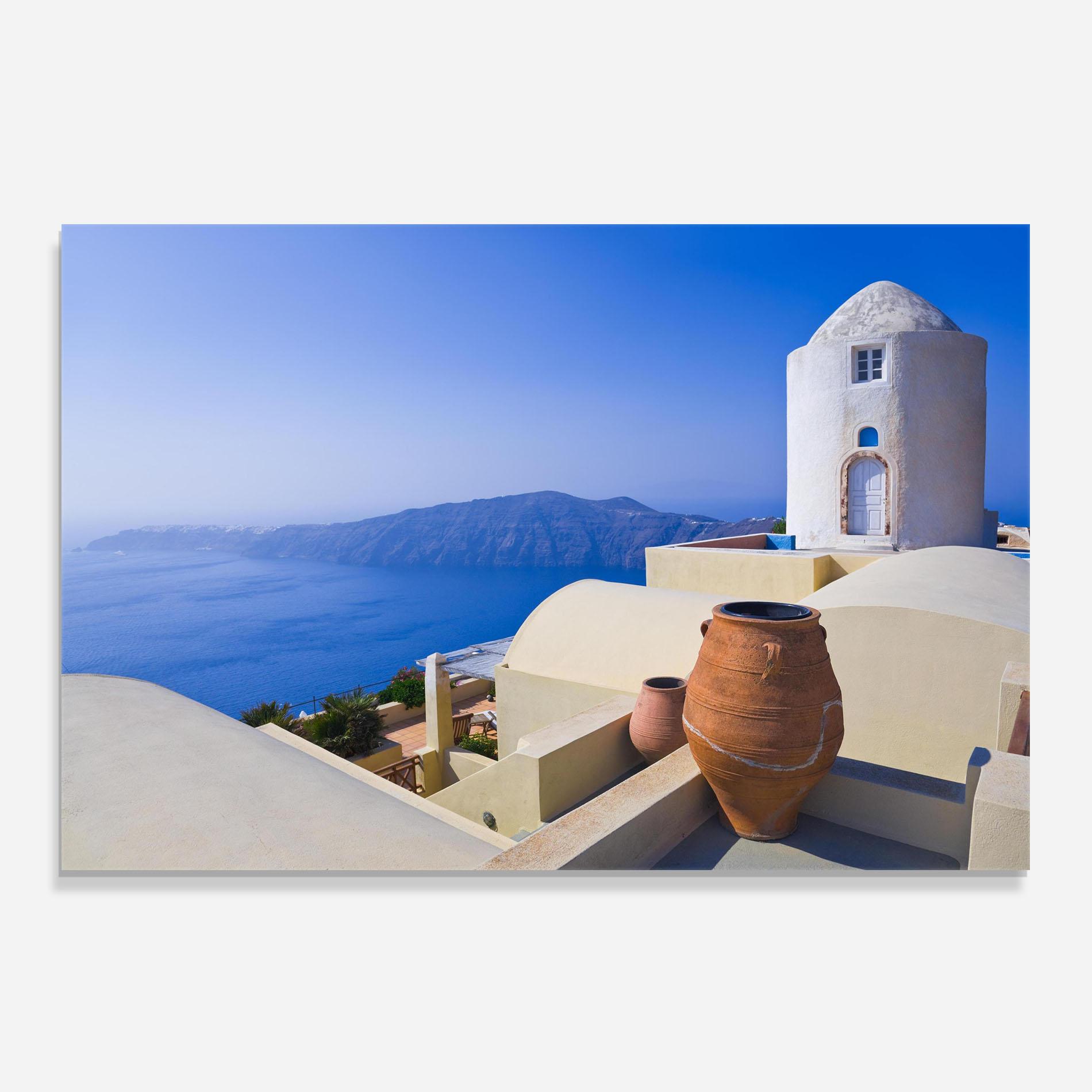 Küchenrückwand Glas Santorini View Greece mockup 0