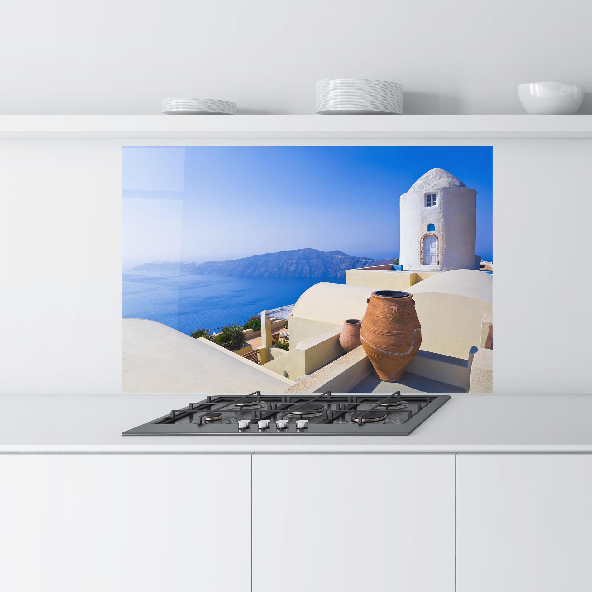 Küchenrückwand Glas Santorini View Greece mockup 9