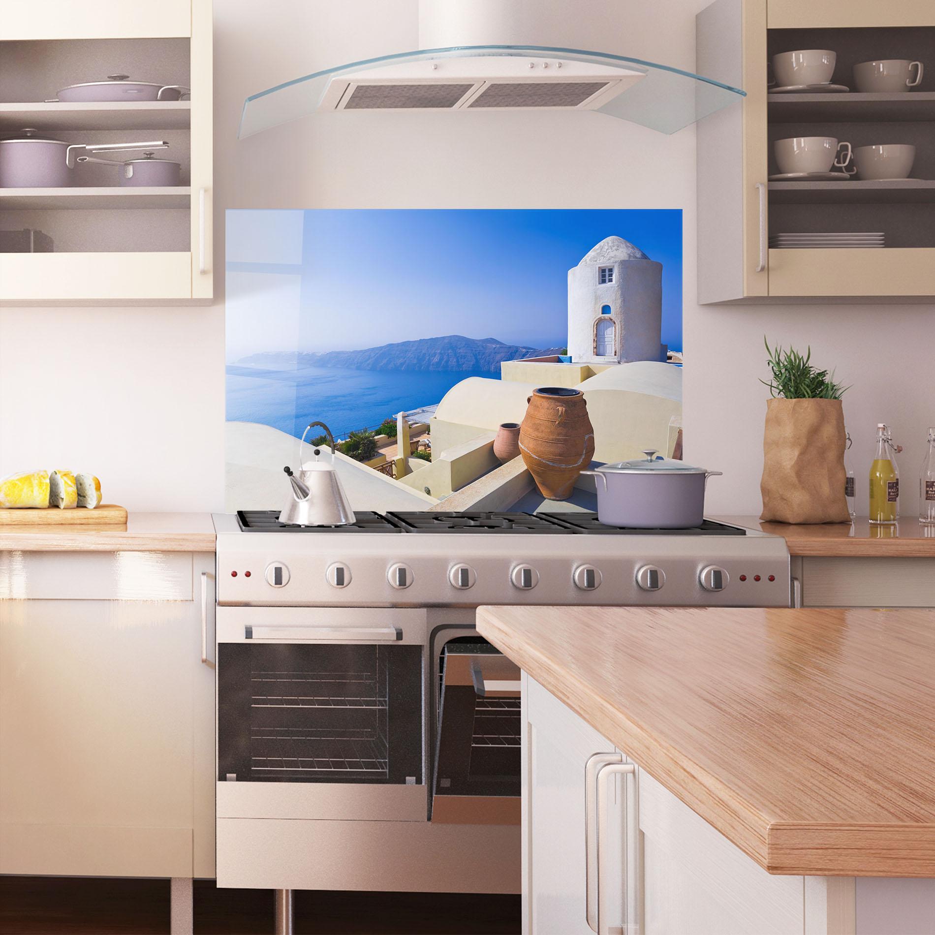 Küchenrückwand Glas Santorini View Greece mockup 1