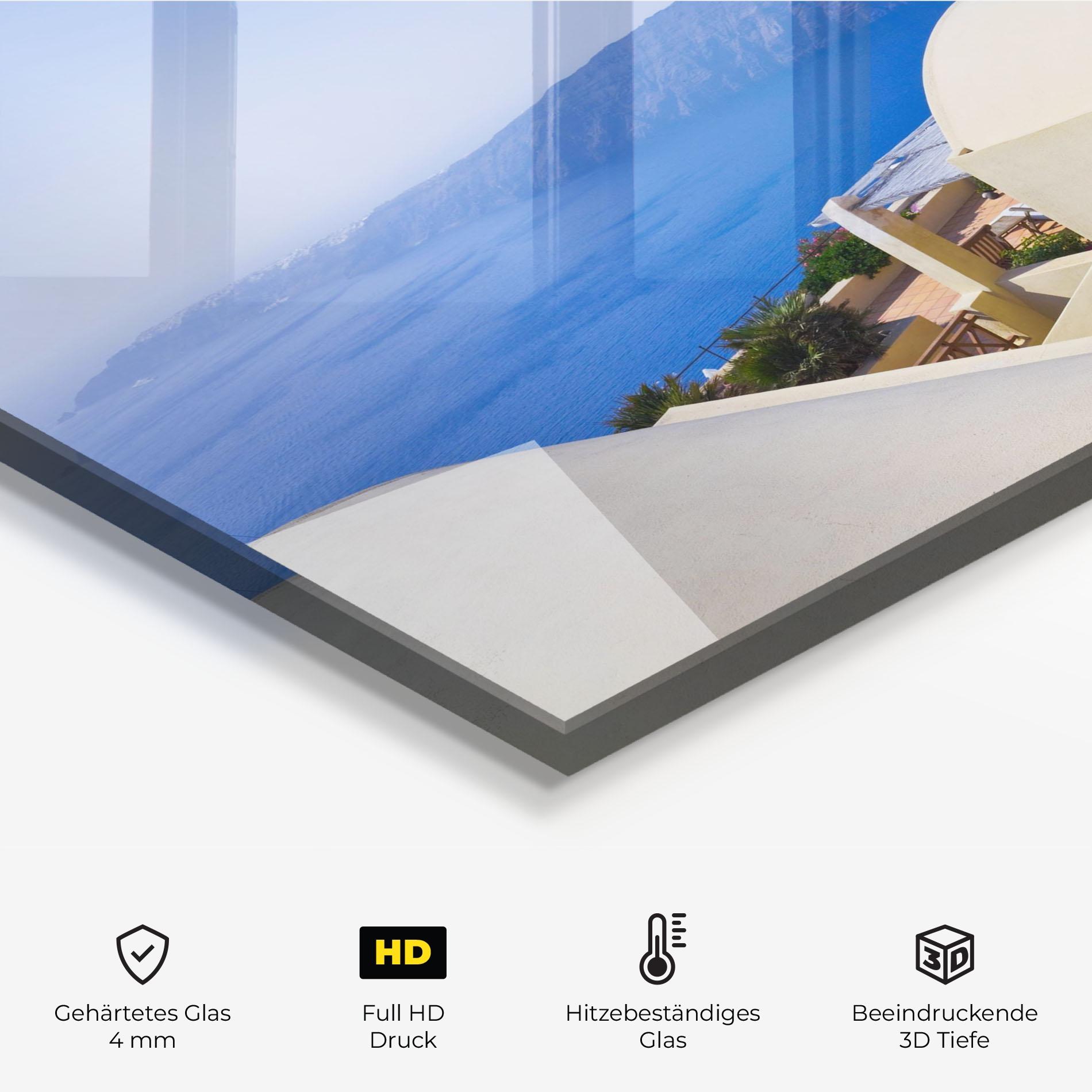 Küchenrückwand Glas Santorini View Greece mockup 2