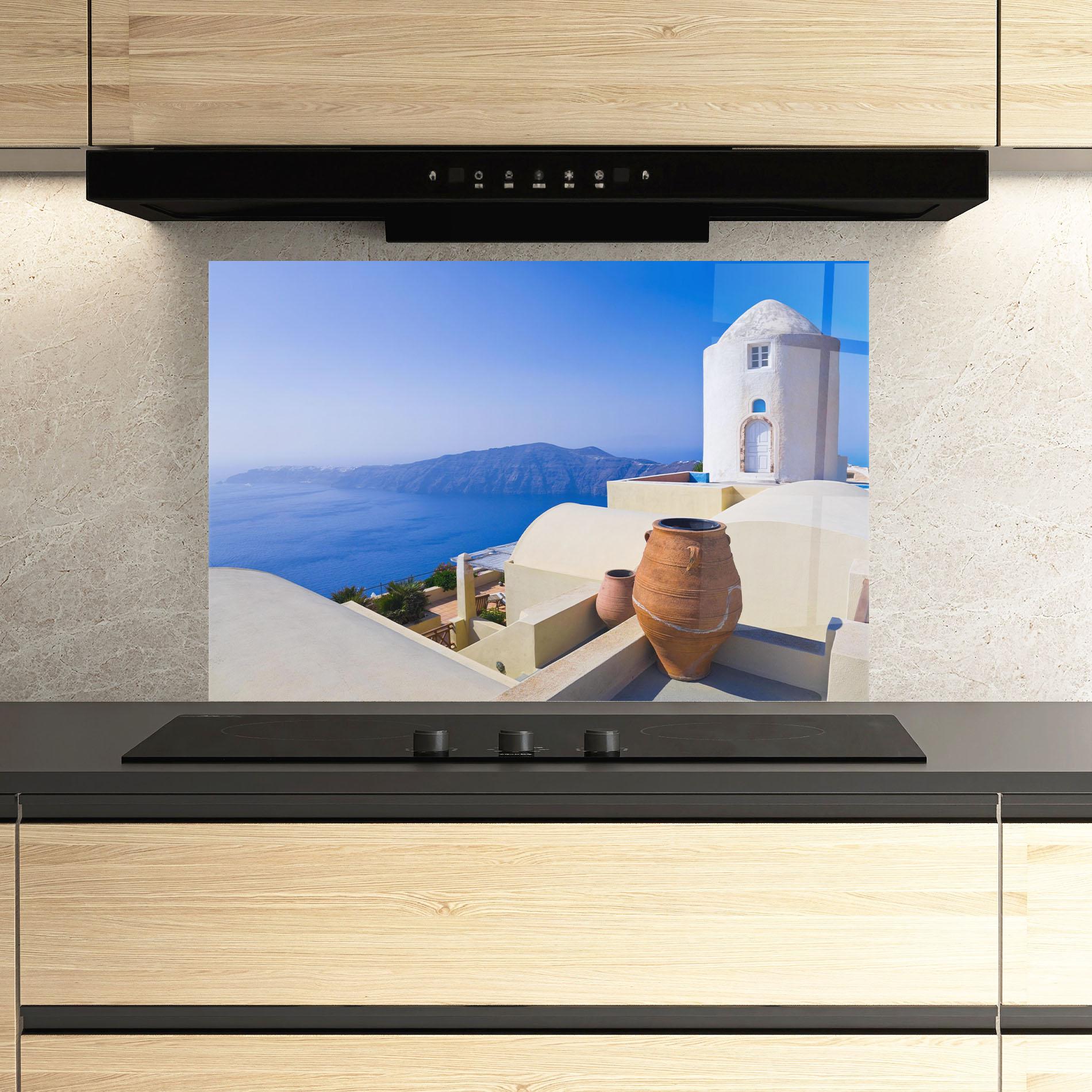 Küchenrückwand Glas Santorini View Greece mockup 3