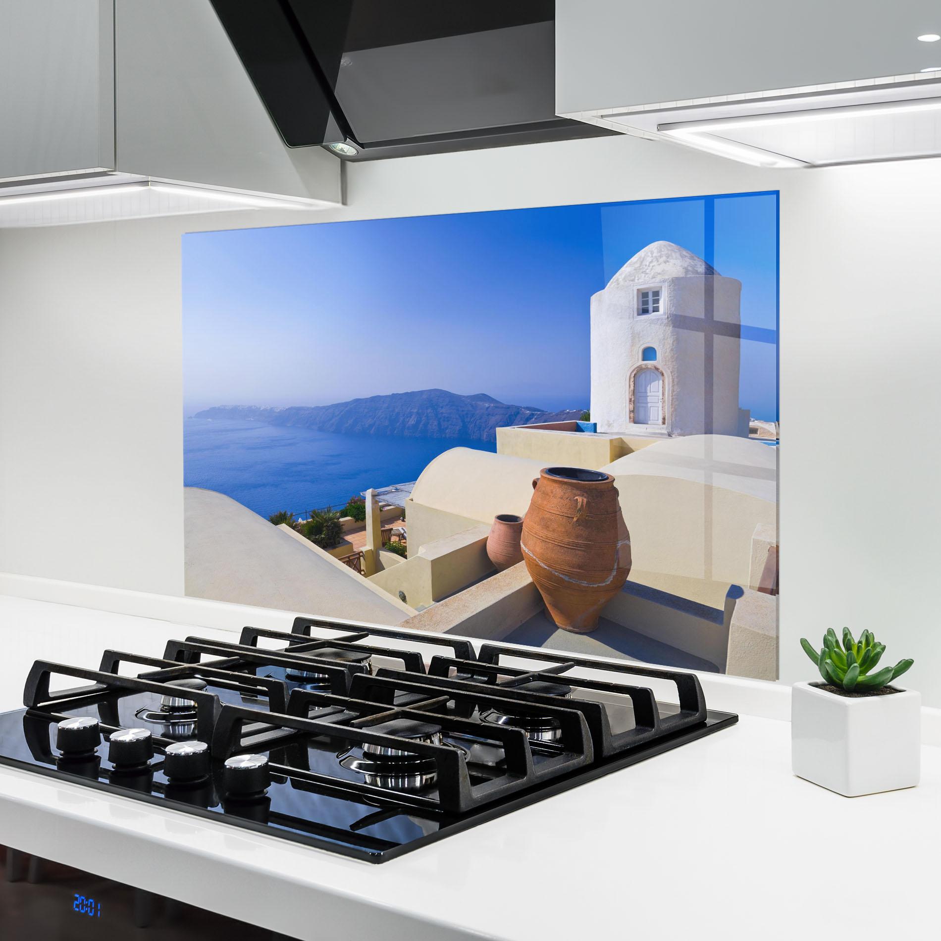 Küchenrückwand Glas Santorini View Greece mockup 6