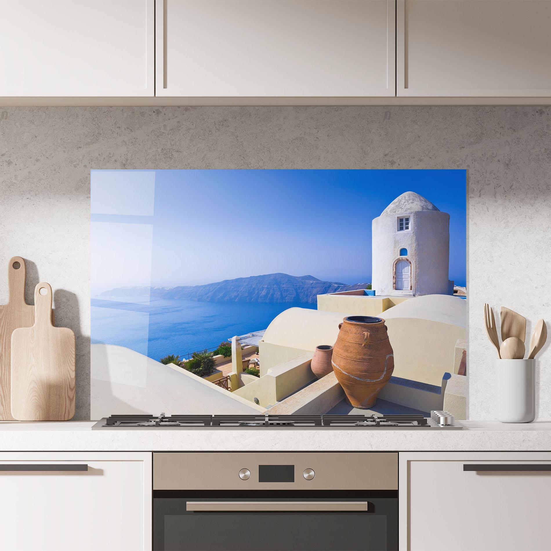 Küchenrückwand Glas Santorini View Greece mockup 7
