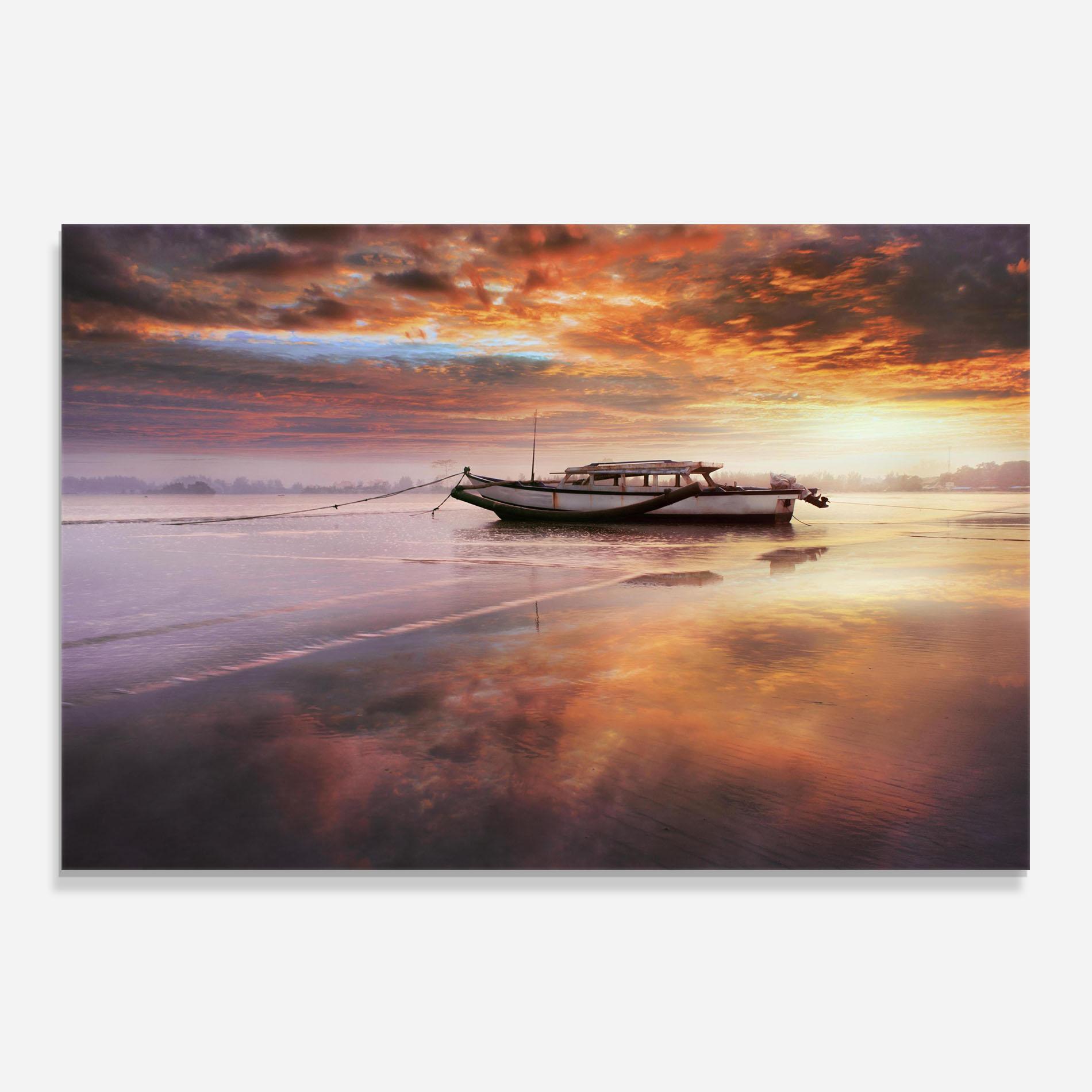 Küchenrückwand Glas Beauty Boat Sunrise mockup 0