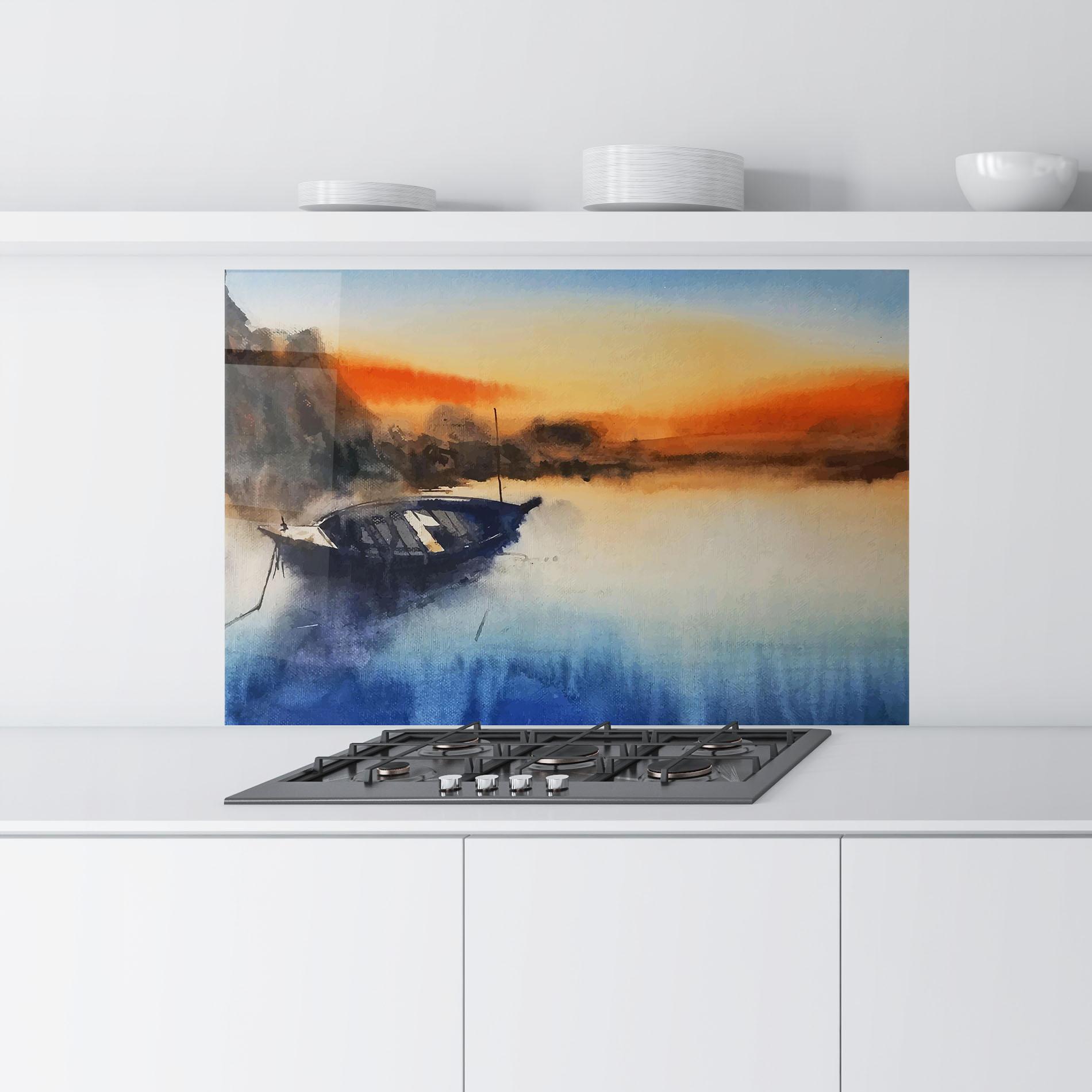 Küchenrückwand Glas Boat Sunset mockup 9