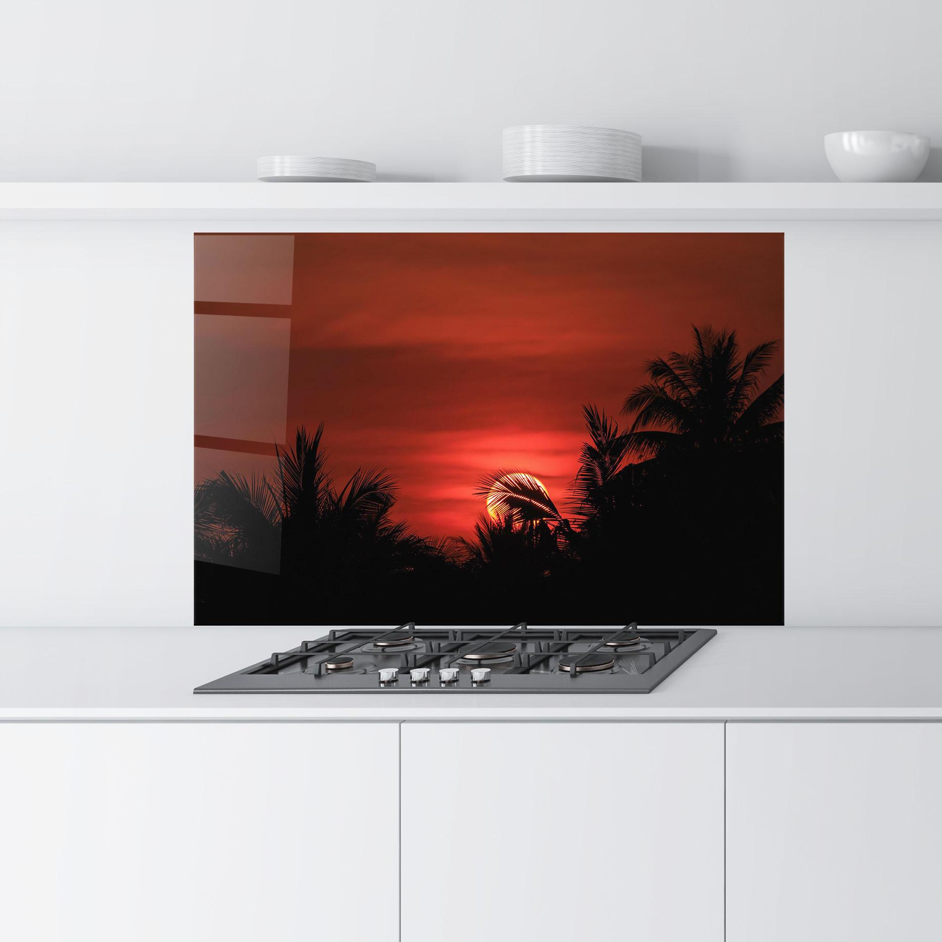 Küchenrückwand Glas Coconuts Tree Sunset mockup 9