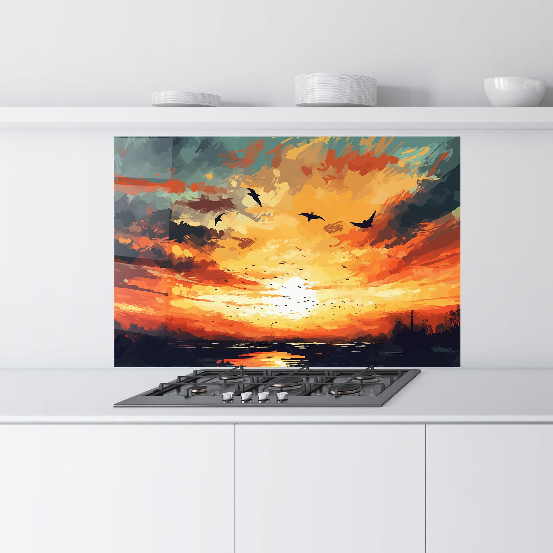 Küchenrückwand Glas Orange Green Sunset mockup 9