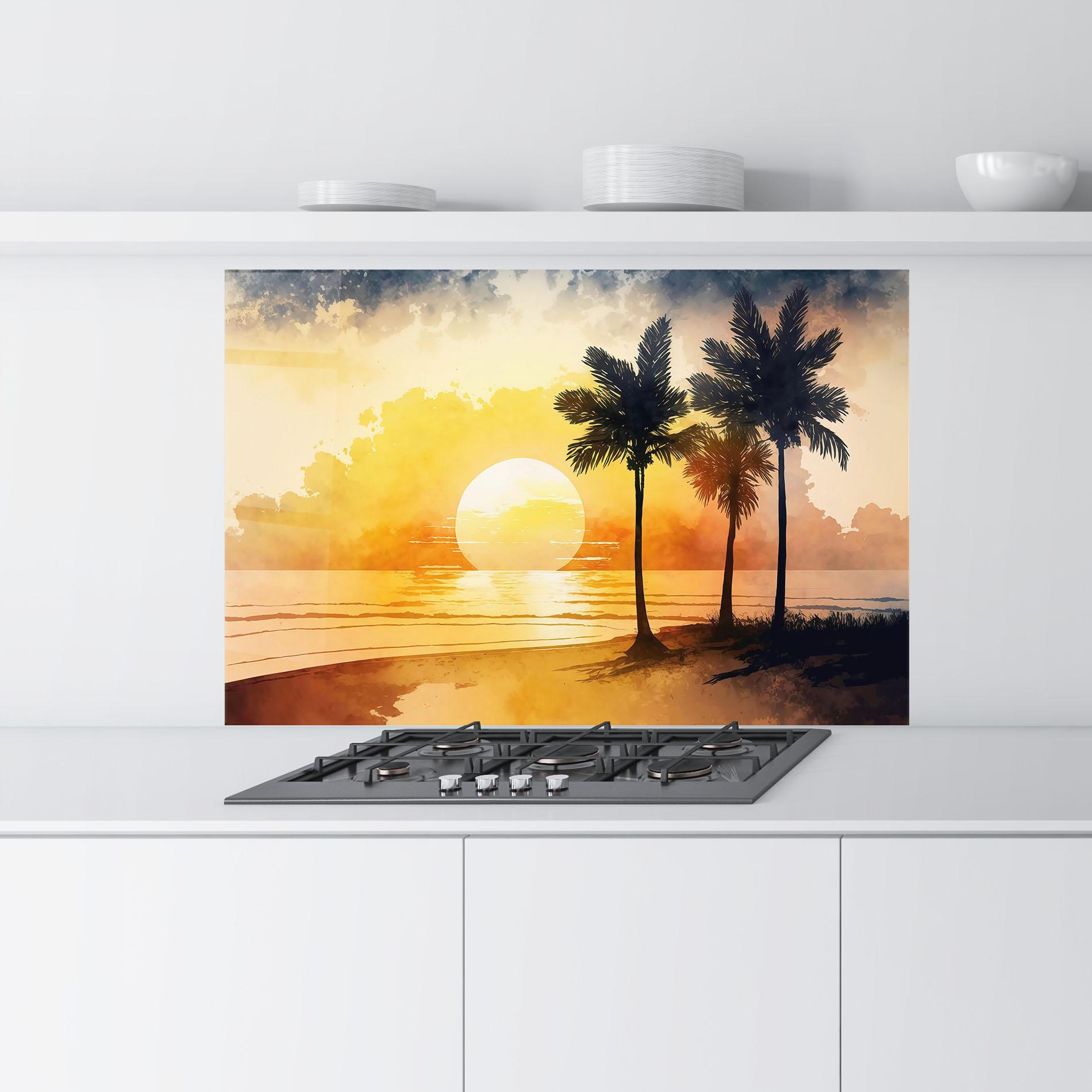 Küchenrückwand Glas Palm Trees Sunset mockup 9