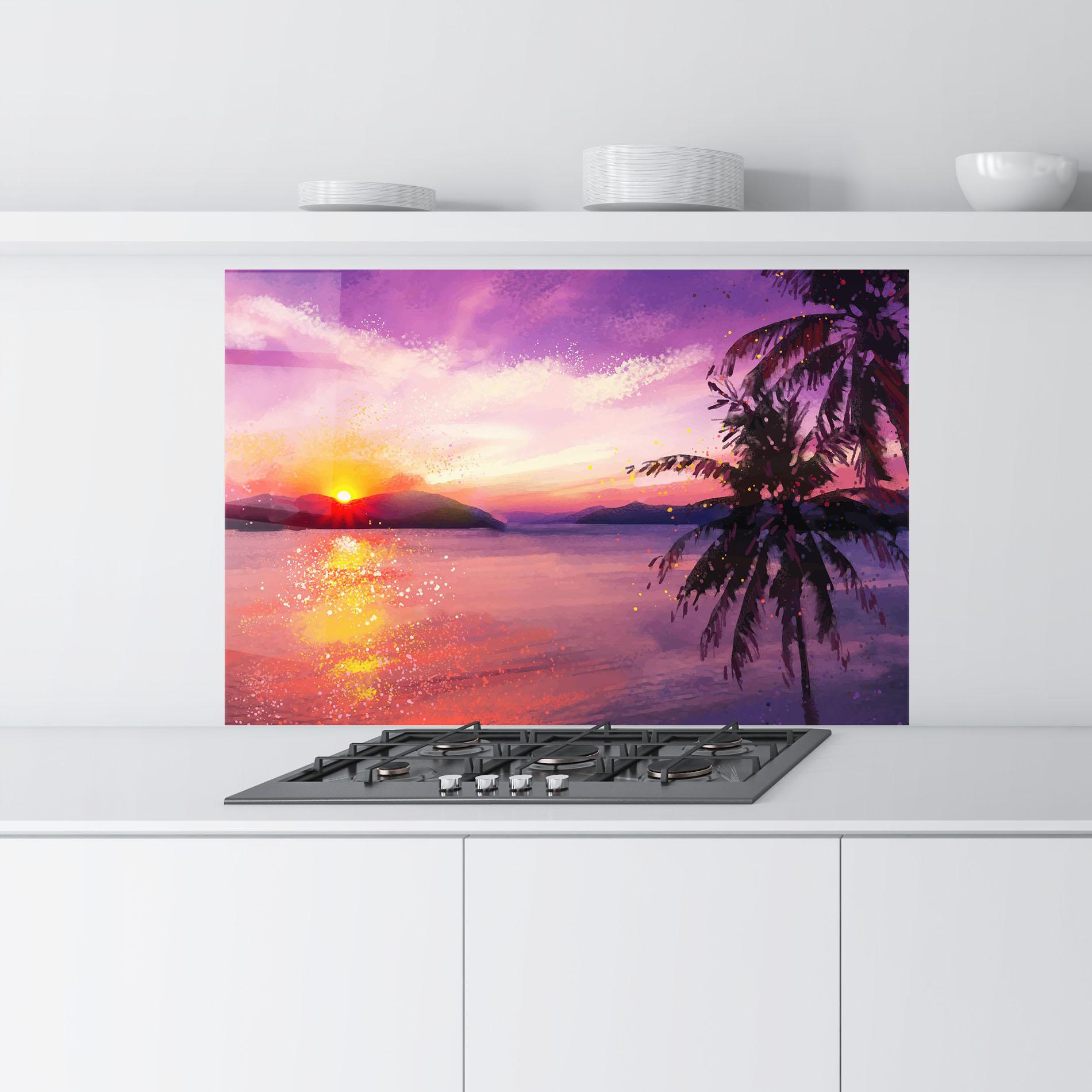 Küchenrückwand Glas Purple Sunrise Art mockup 9