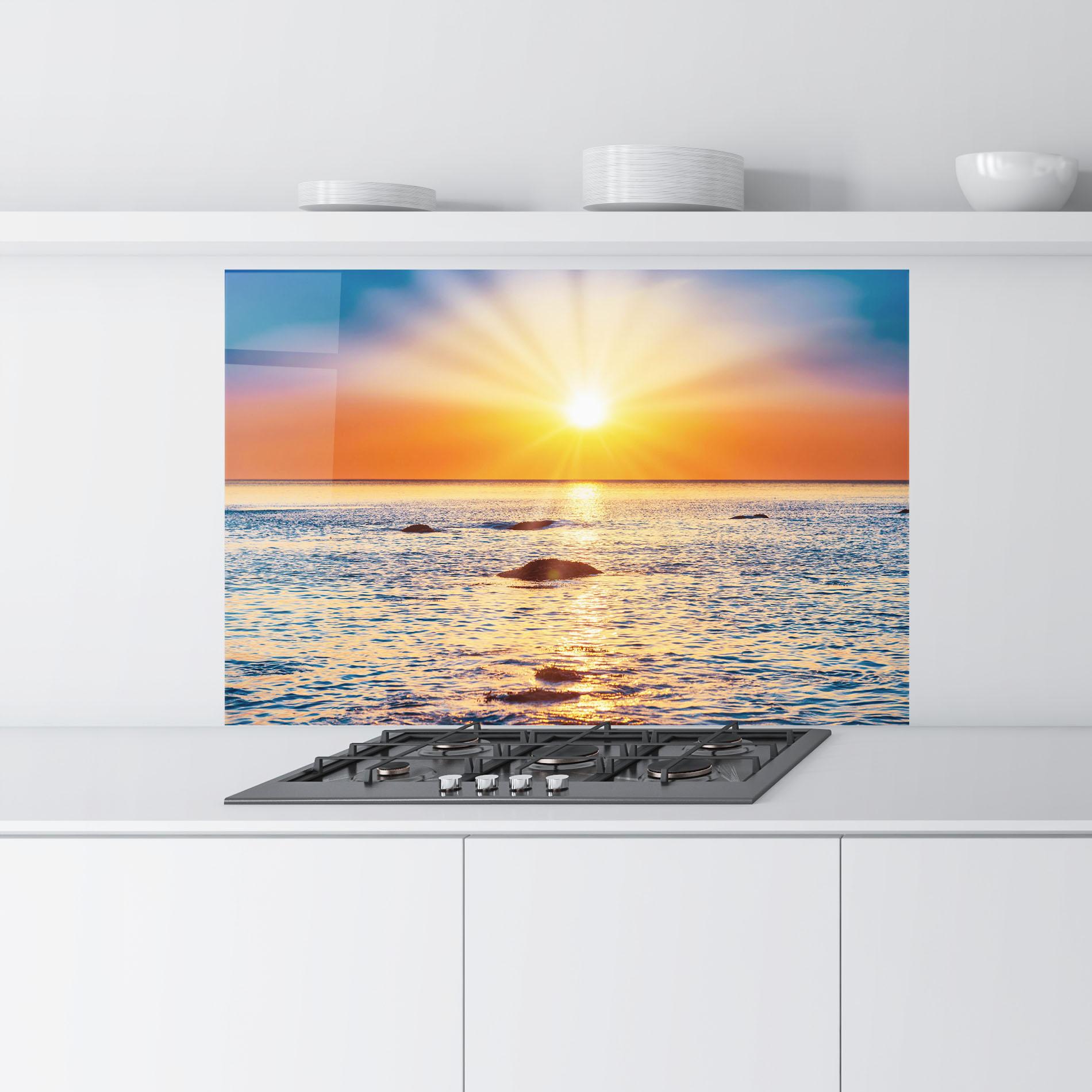 Küchenrückwand Glas Sunset Beach Rocks mockup 9