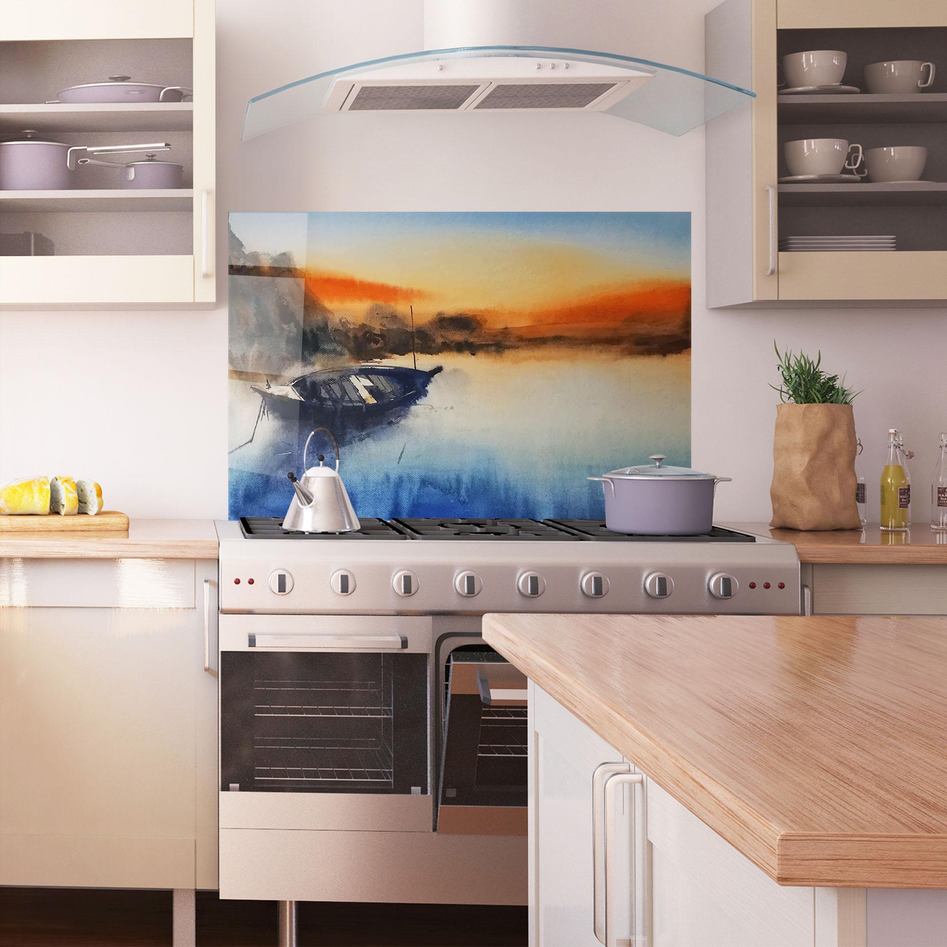 Küchenrückwand Glas Boat Sunset mockup 1