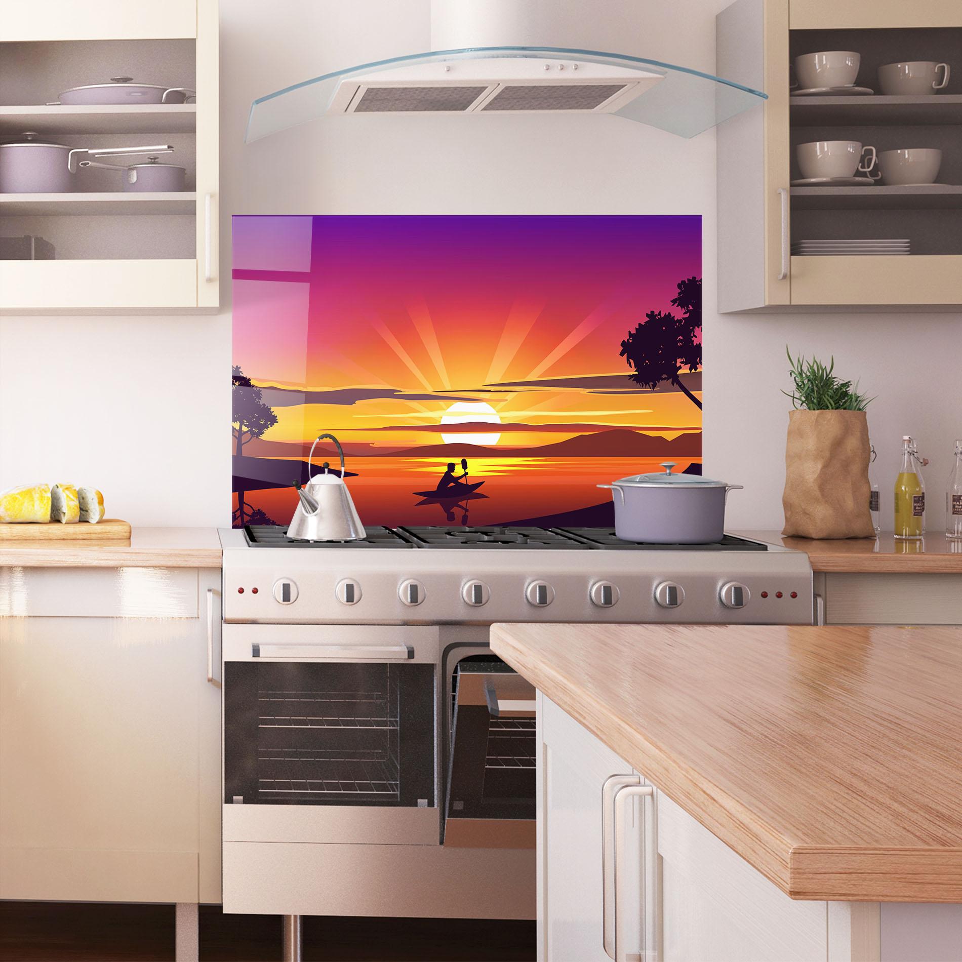 Küchenrückwand Glas Lake Camp Sunrise mockup 1