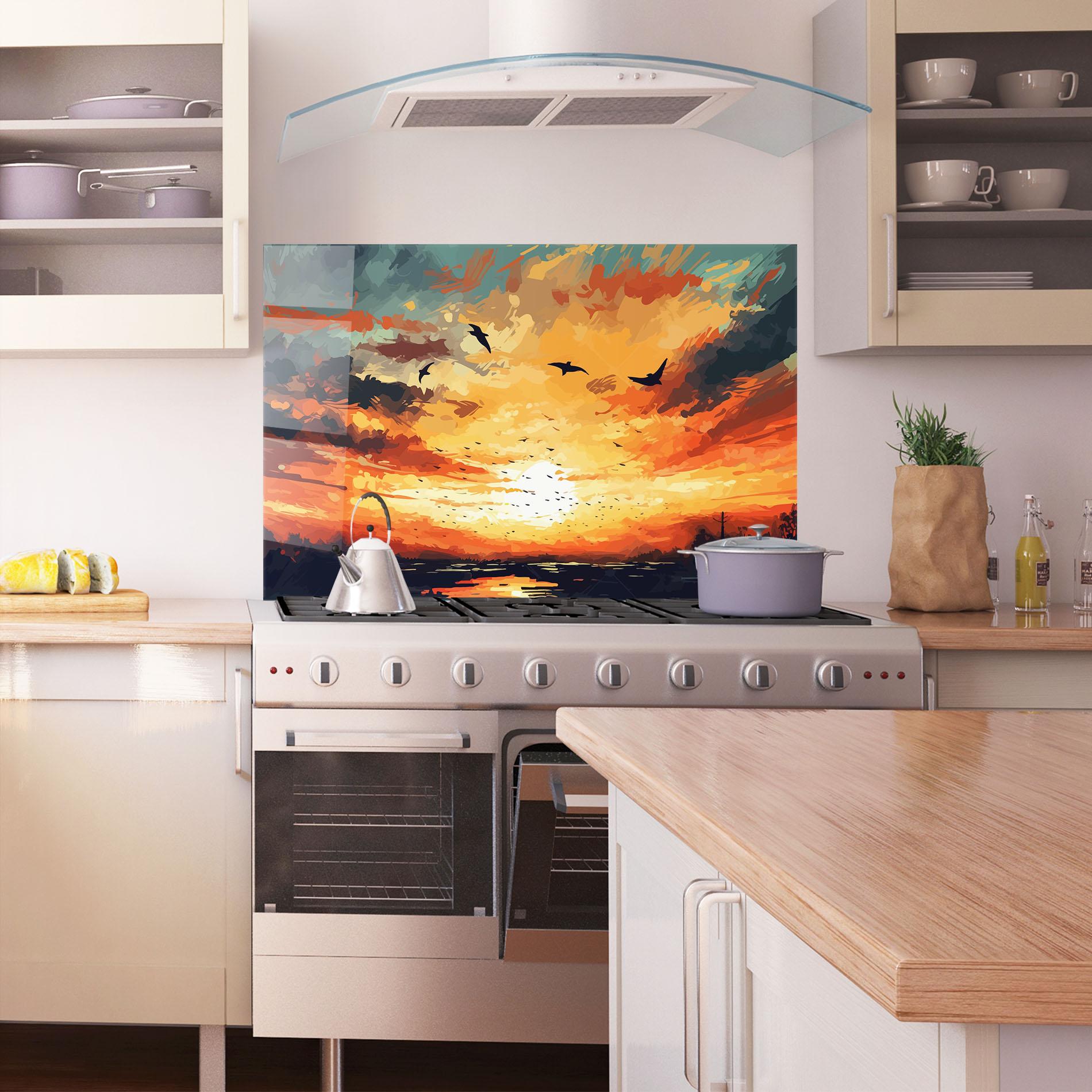 Küchenrückwand Glas Orange Green Sunset mockup 1