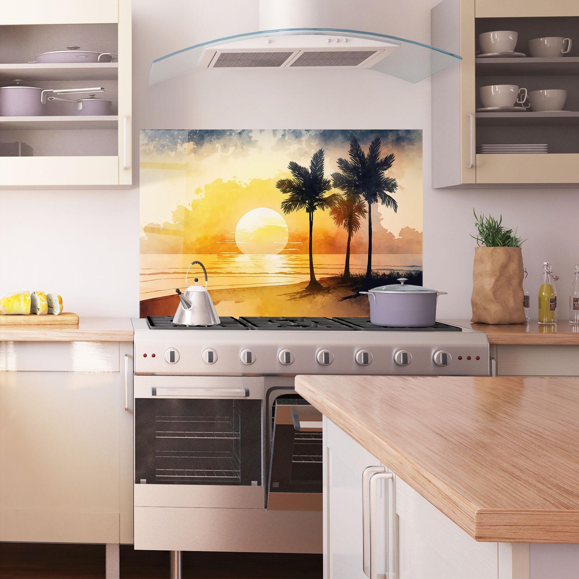 Küchenrückwand Glas Palm Trees Sunset mockup 1