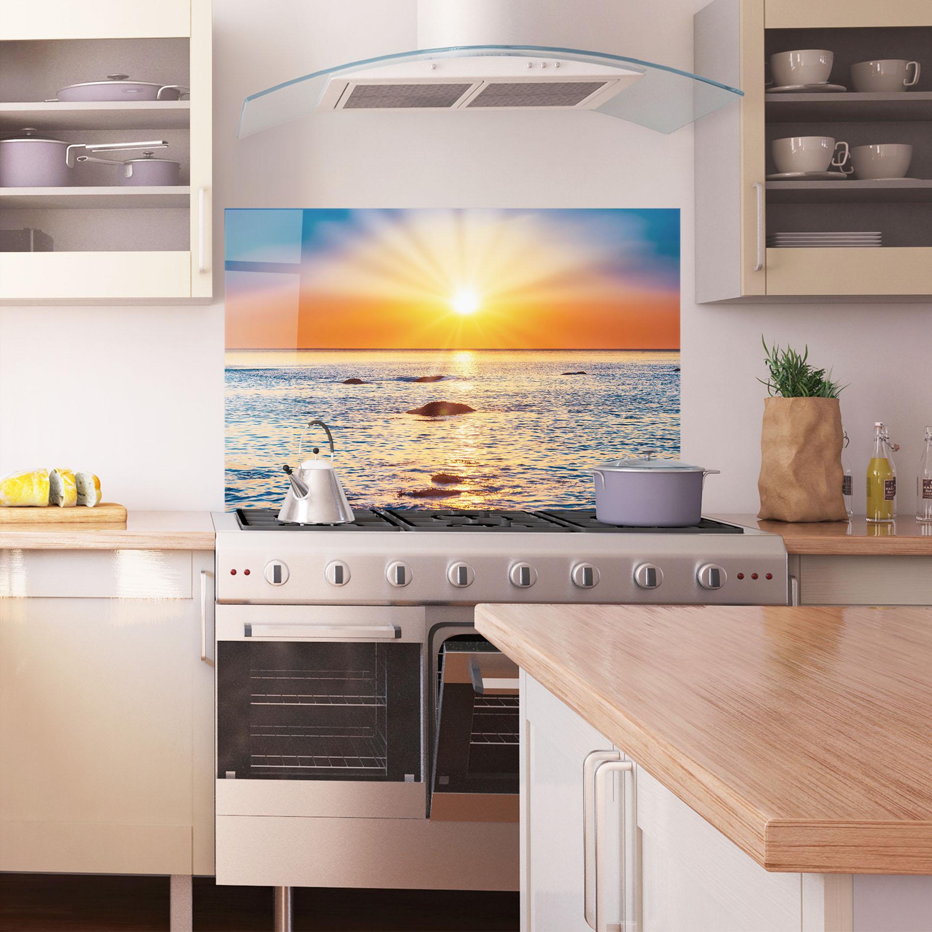Küchenrückwand Glas Sunset Beach Rocks mockup 1