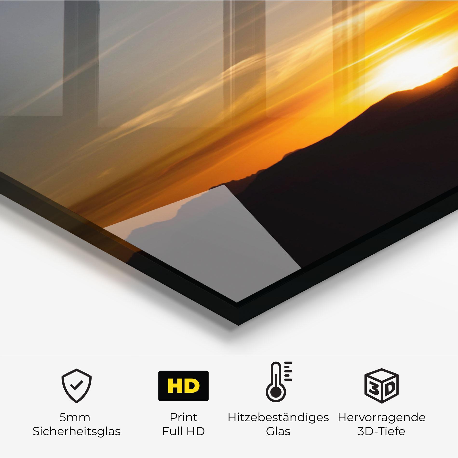 Küchenrückwand Glas Leaves Shilouette Sunset mockup 2